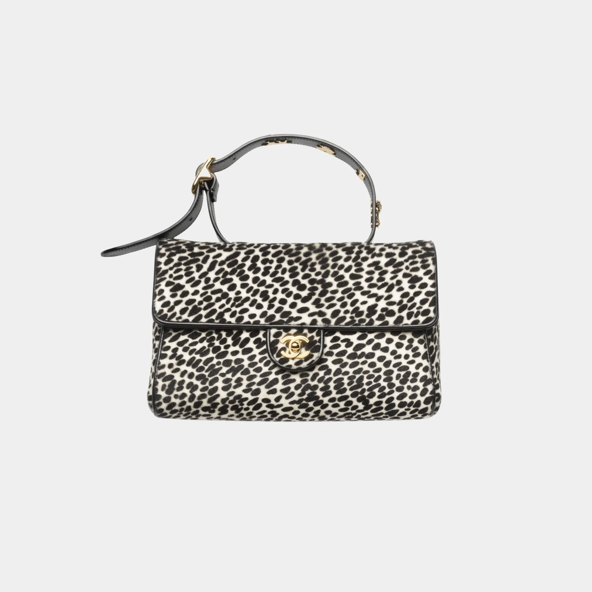 Flap Bag With Top Handle in White & Black Lambskin