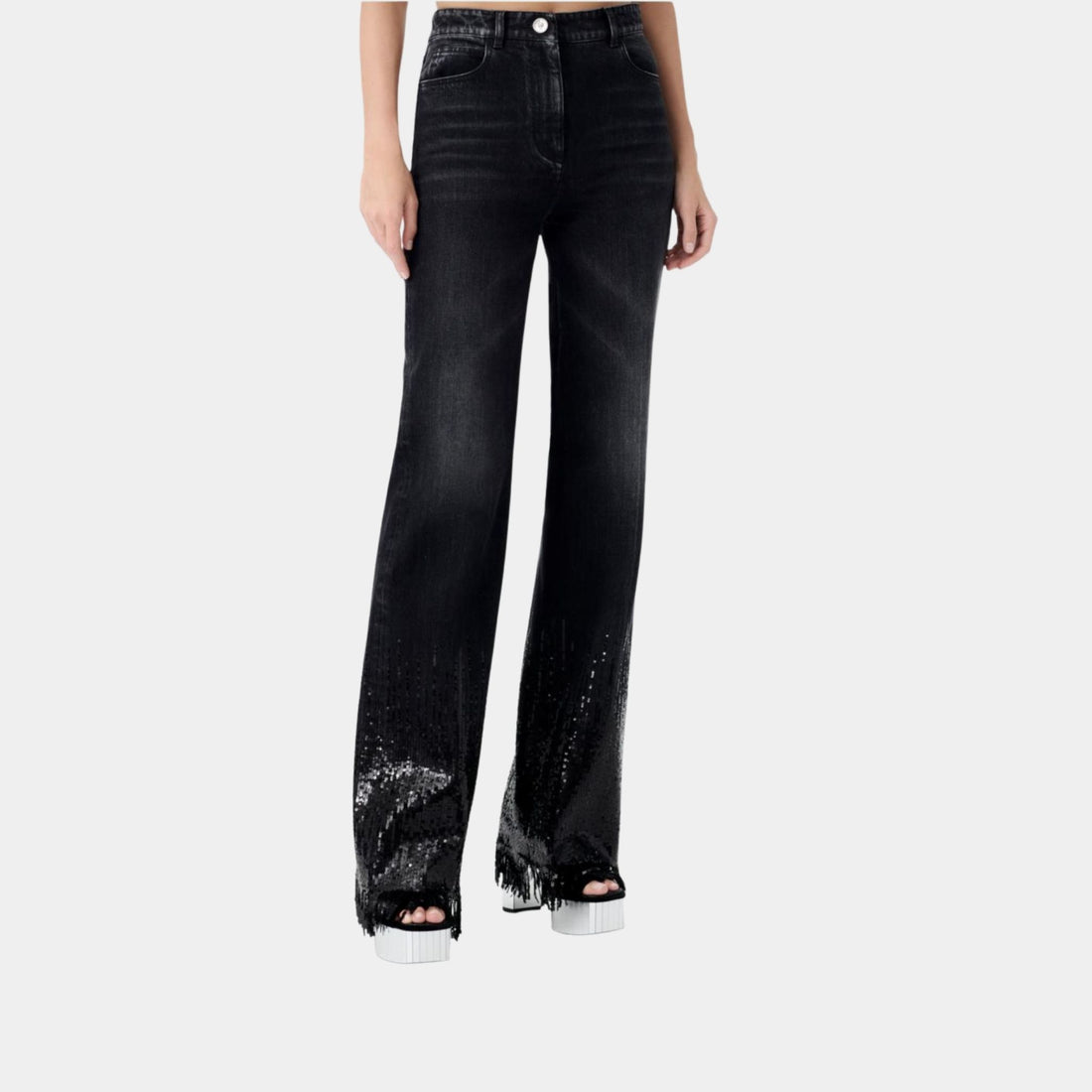 Chanel Flared Washed Black Denim Jeans Embroidered with Sequins, Front