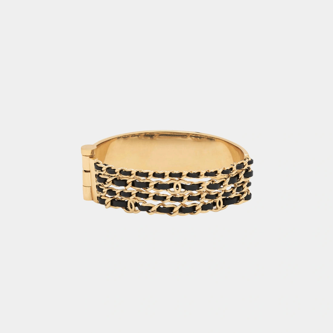 Chanel Gold Metal and Black Lambskin Chain Cuff Bracelet, Front