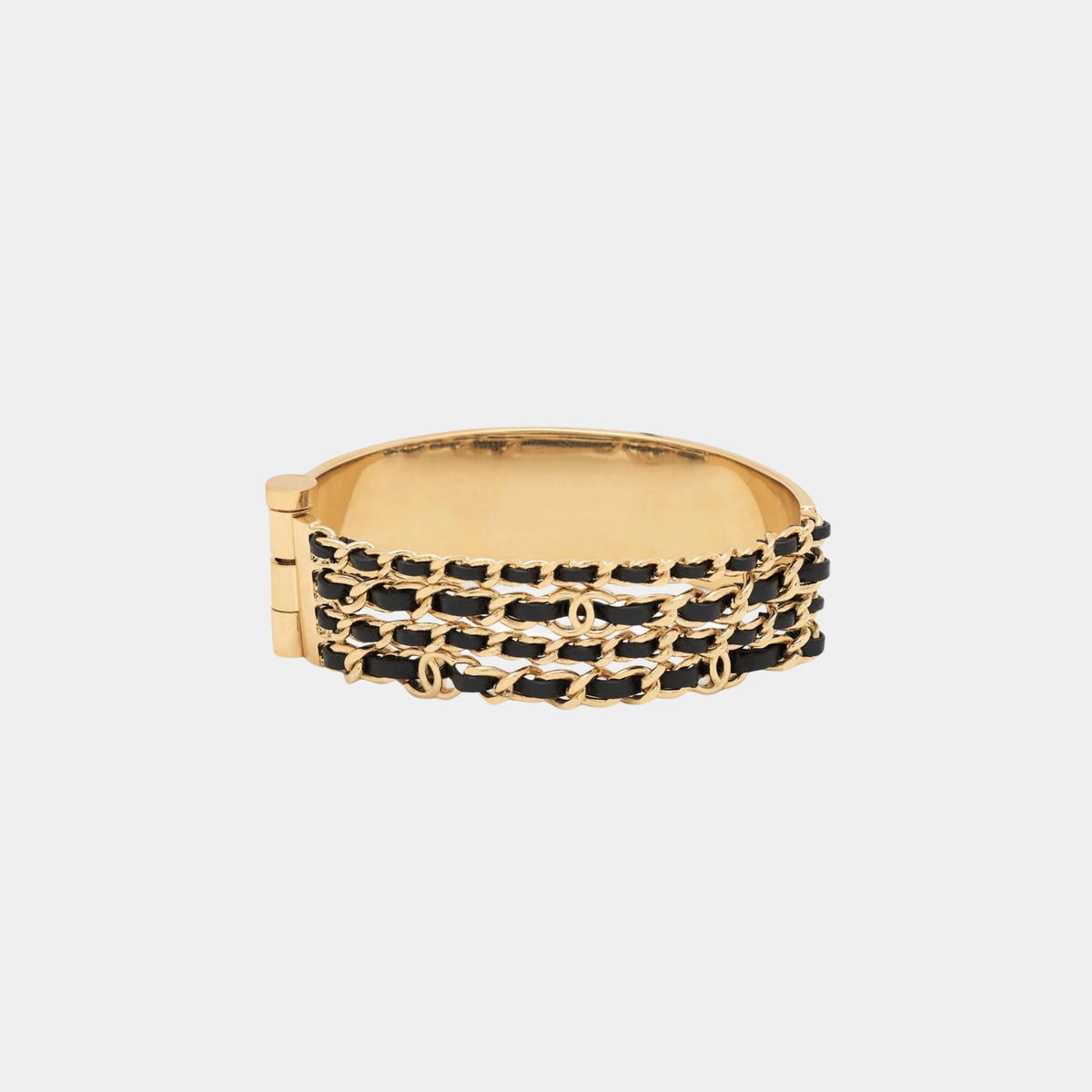 Gold Metal and Black Lambskin Chain Cuff Bracelet