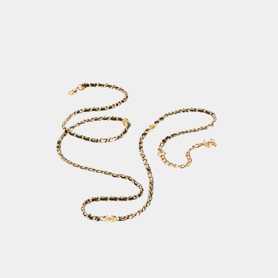 Chanel Gold Metal and Black Lambskin Long Chain Necklace, Close