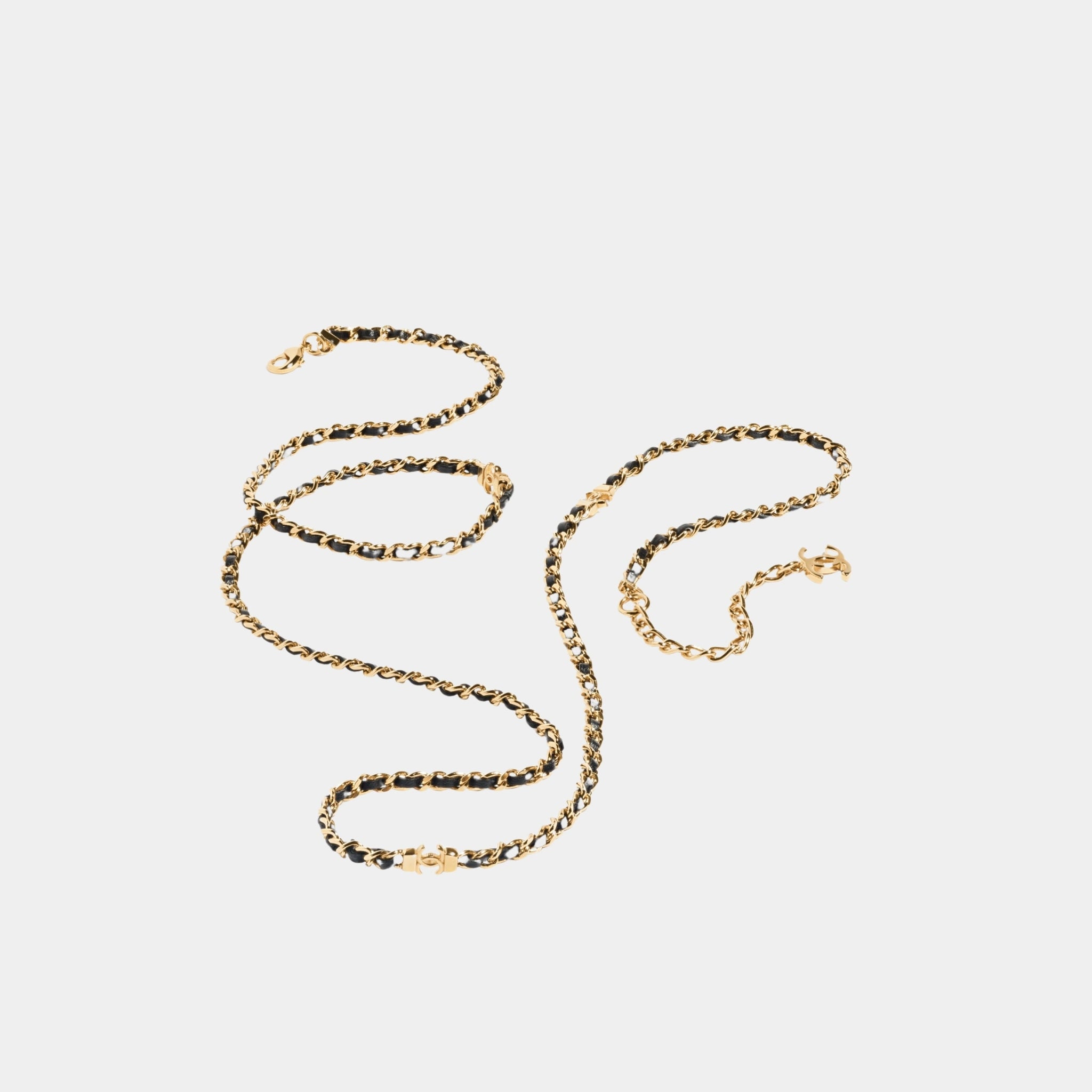 Chanel Gold Metal and Black Lambskin Long Chain Necklace, Close