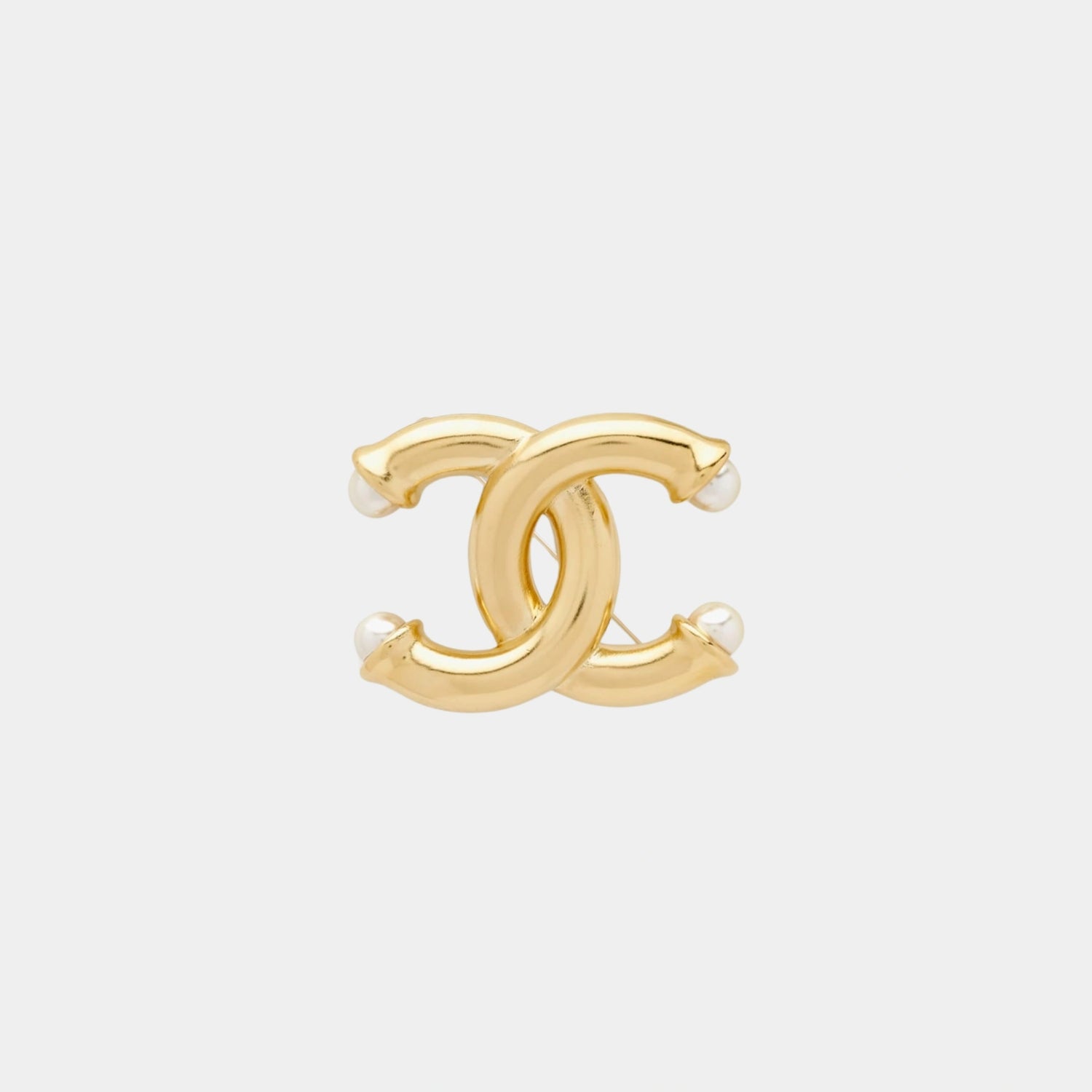 Chanel Gold Metal CC Brooch with Glass Pearls, Front