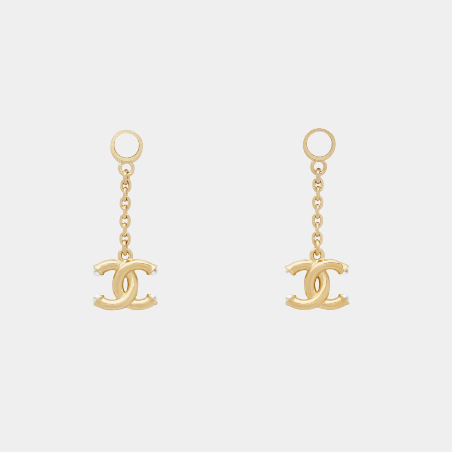 Chanel Gold Metal CC Pendant Earrings with Glass Pearls, Front