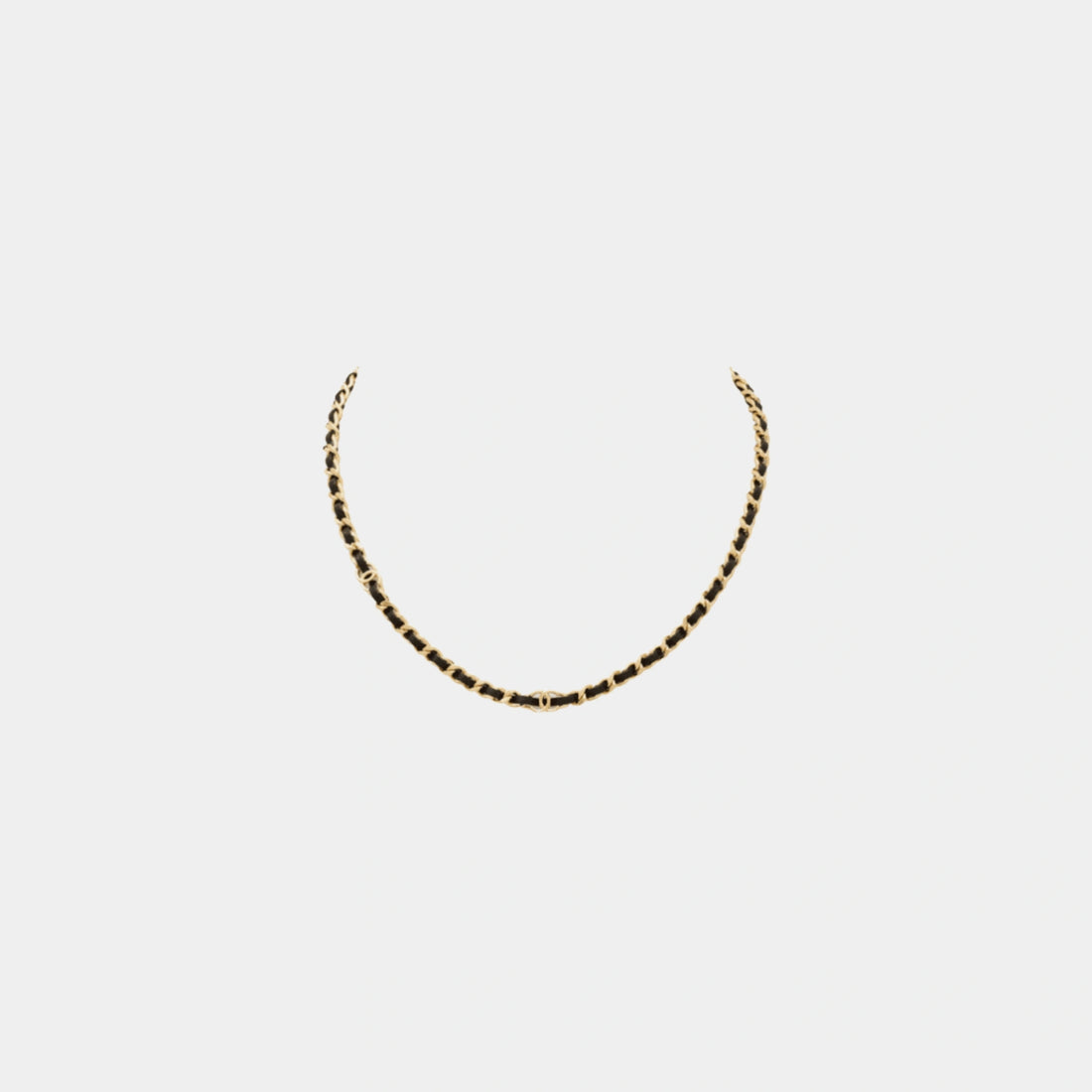 Chanel Gold Metal Necklace with Black Lambskin Detail, Front
