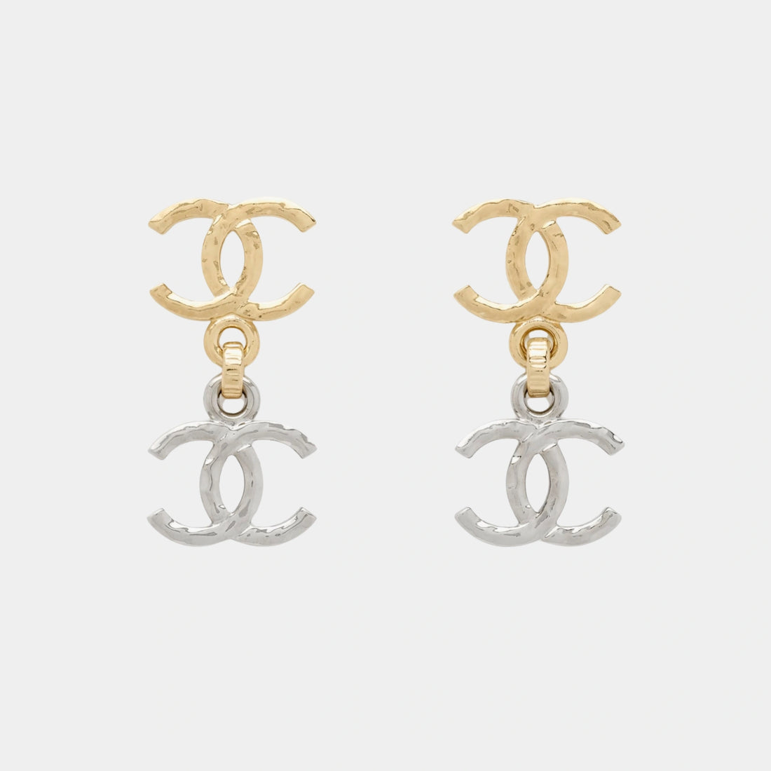 Chanel Gold and Silver Metal CC Pendant Earrings, Front