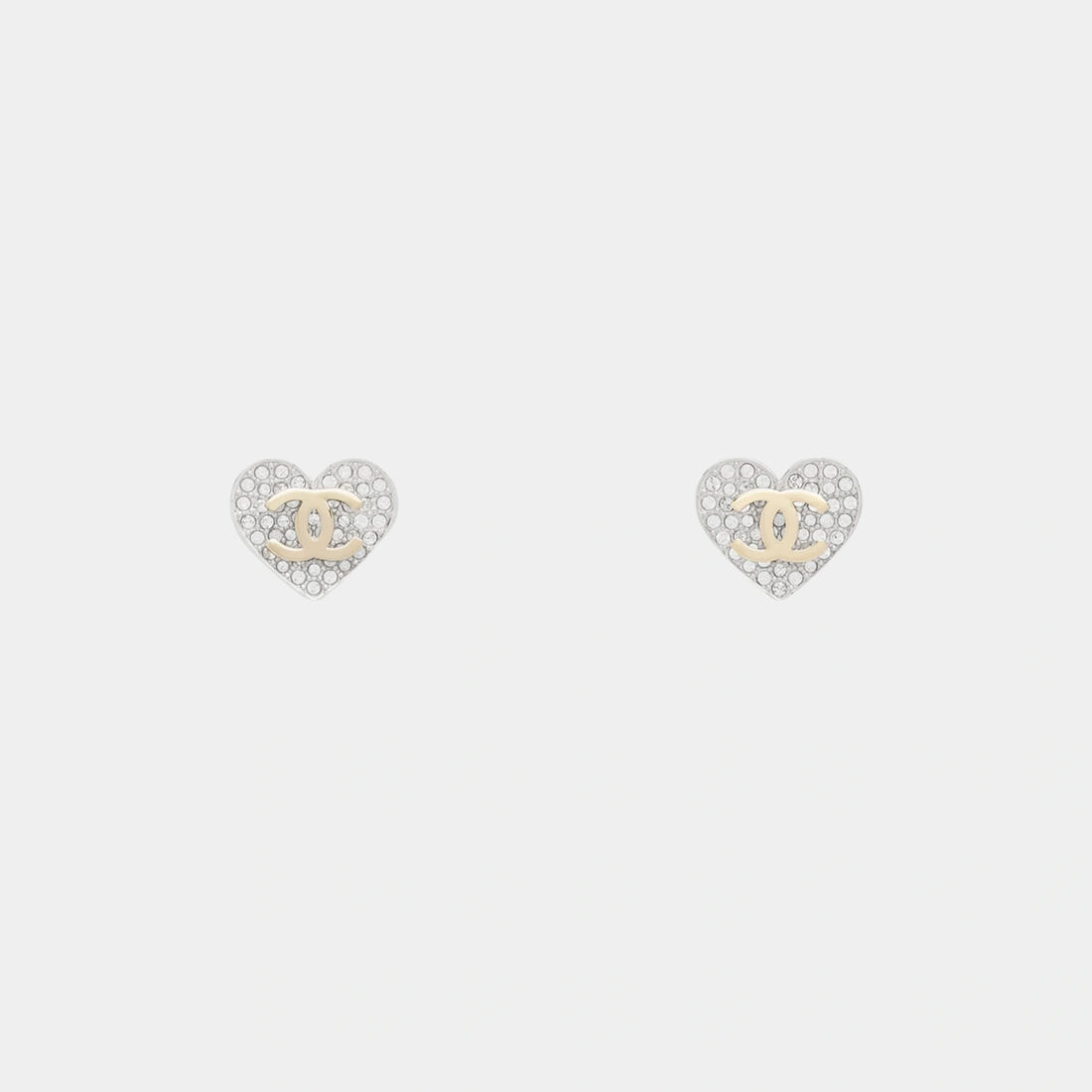Chanel Heart Clip On Stud Earrings in Gold & Silver Metal with Crystal, Front