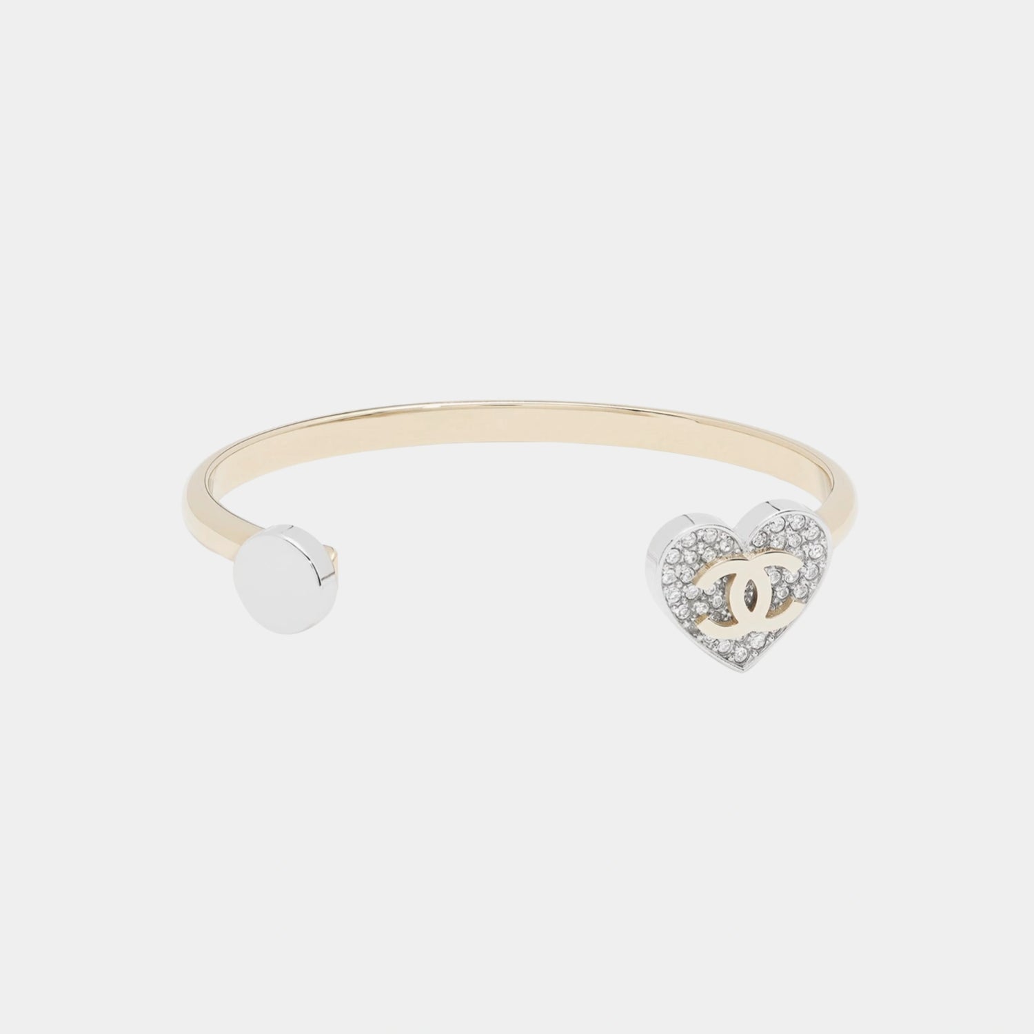 Chanel Heart Cuff Bracelet in Gold and Silver Metal with Crystal, Front