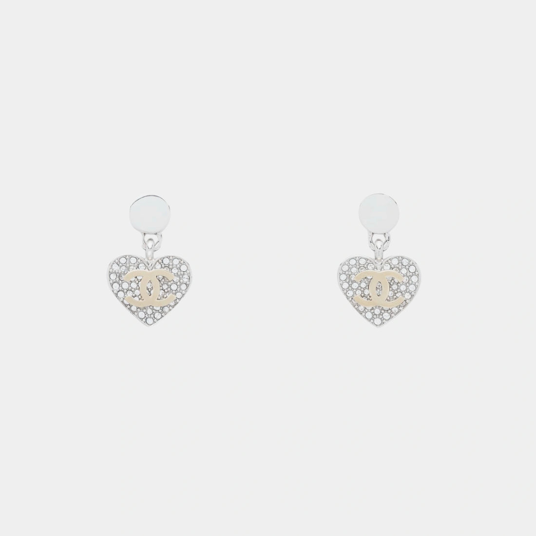 Chanel Heart Pendant Earrings in Silver & Gold Metal with Crystal, Front