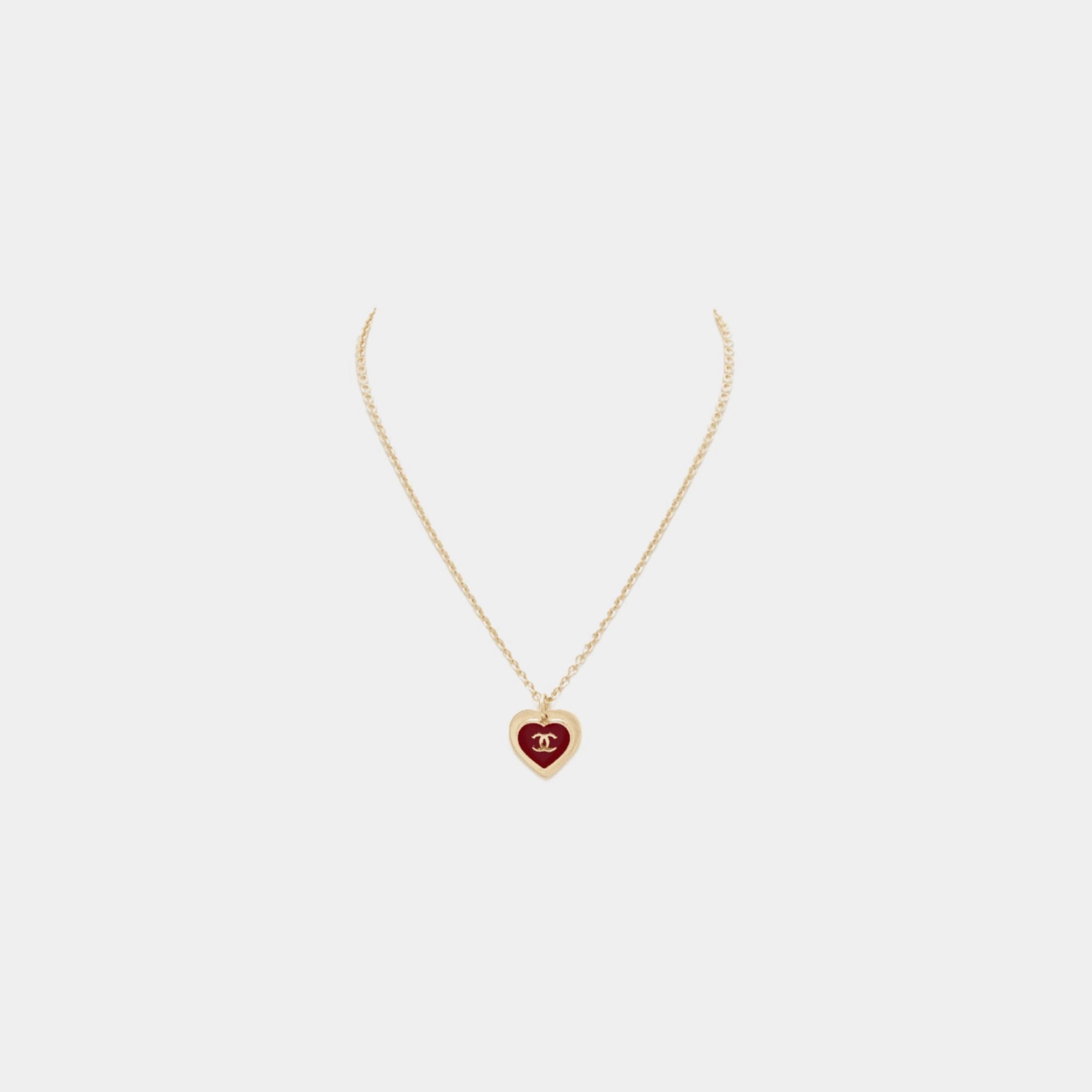 Chanel Heart Pendant Necklace Metal &amp; Resin Gold &amp; Dark Red, front