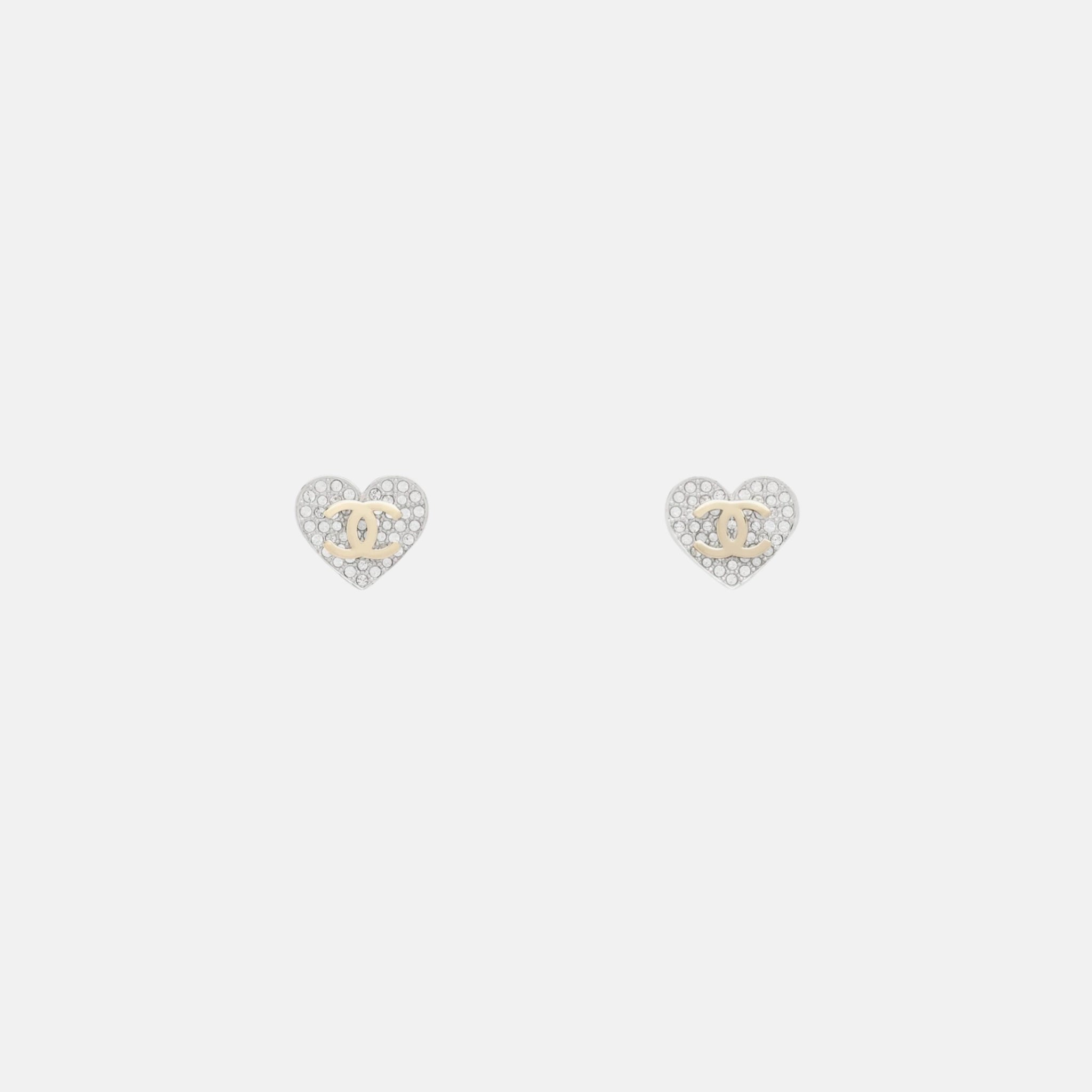 Chanel Heart Shaped Stud Earrings in Metal and Diamantes
