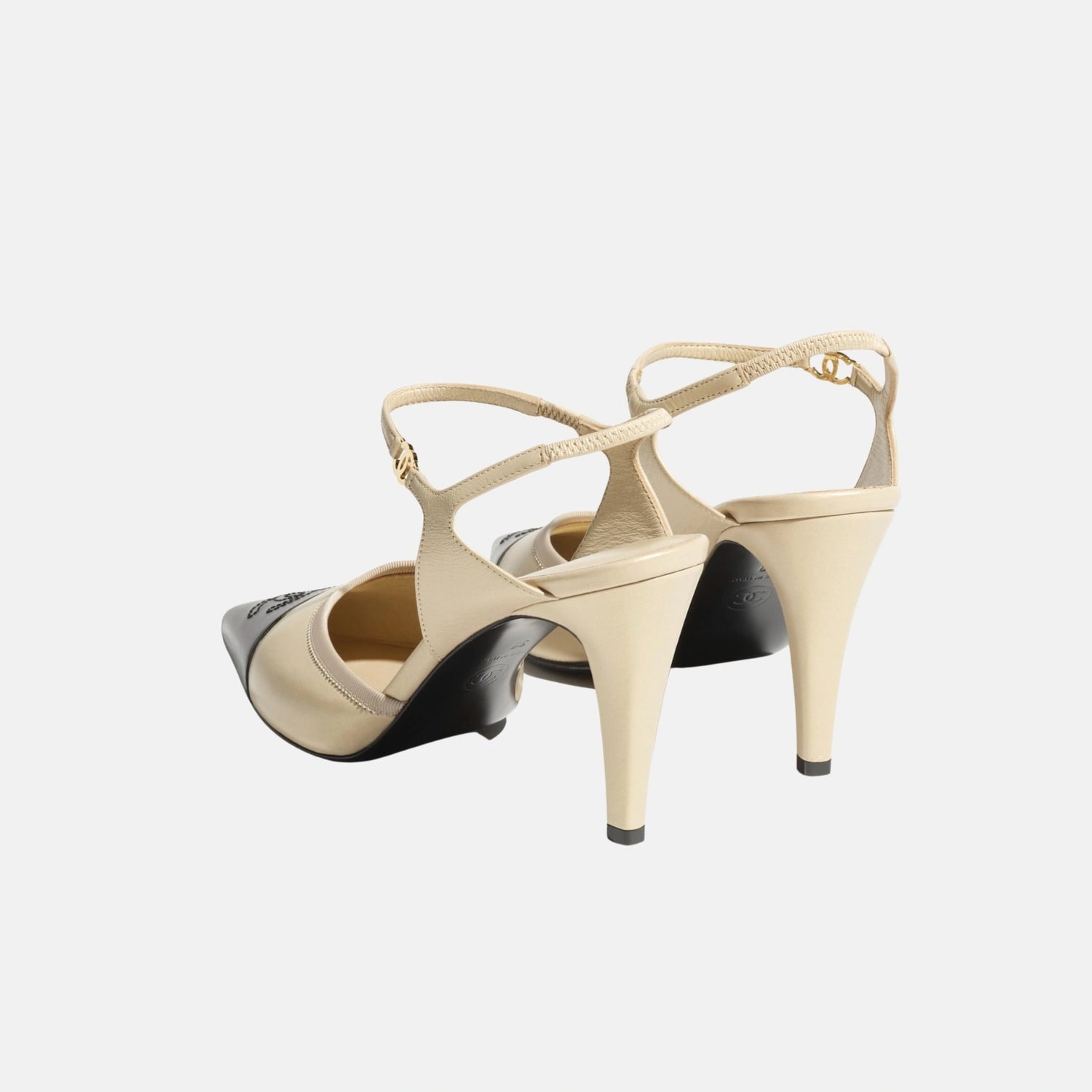 Chanel Heel Slingbacks in Iridescent Lambskin, Beige and Black, Back