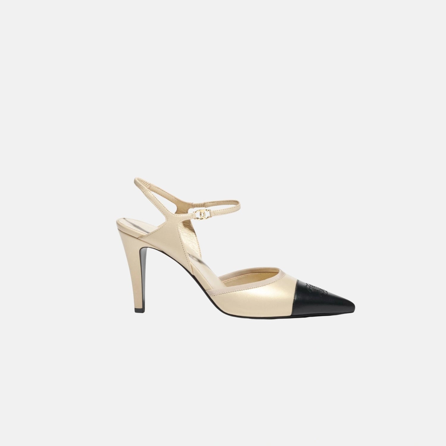 Chanel Heel Slingbacks in Iridescent Lambskin, Beige and Black, Side