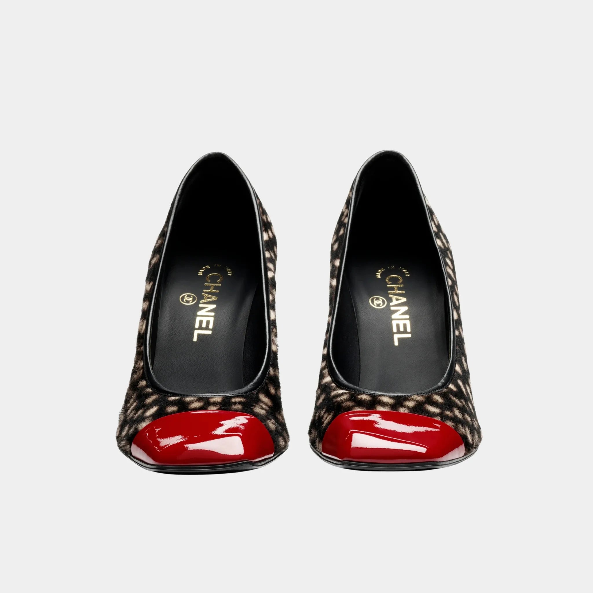Chanel Pumps Lambskin &amp; Patent Calfskin in Black White &amp; Dark Red, Front