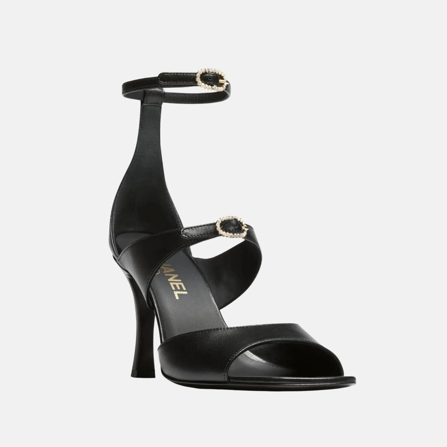 Chanel Heeled Sandals in Black Lambskin, Front