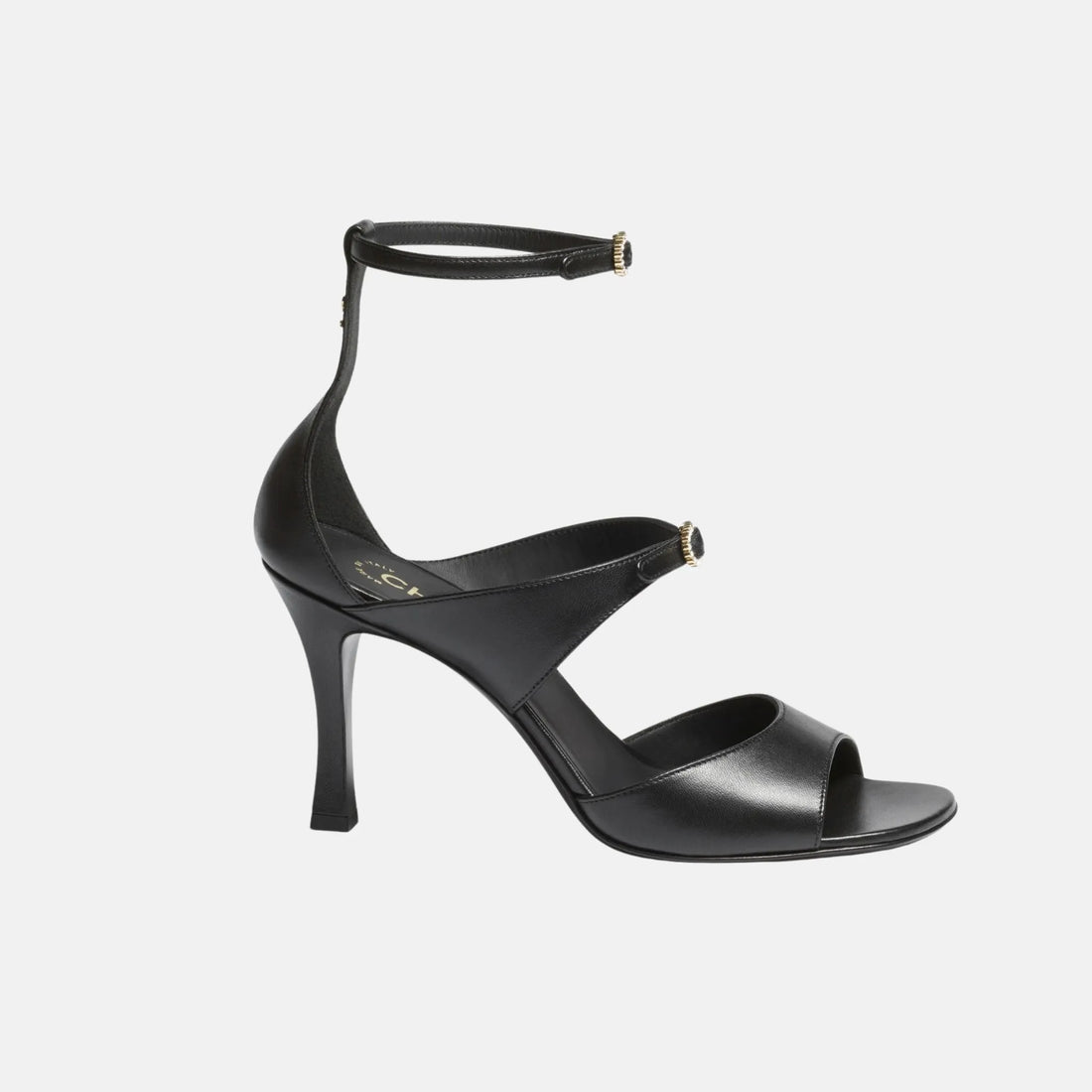 Chanel Heeled Sandals in Black Lambskin, Side