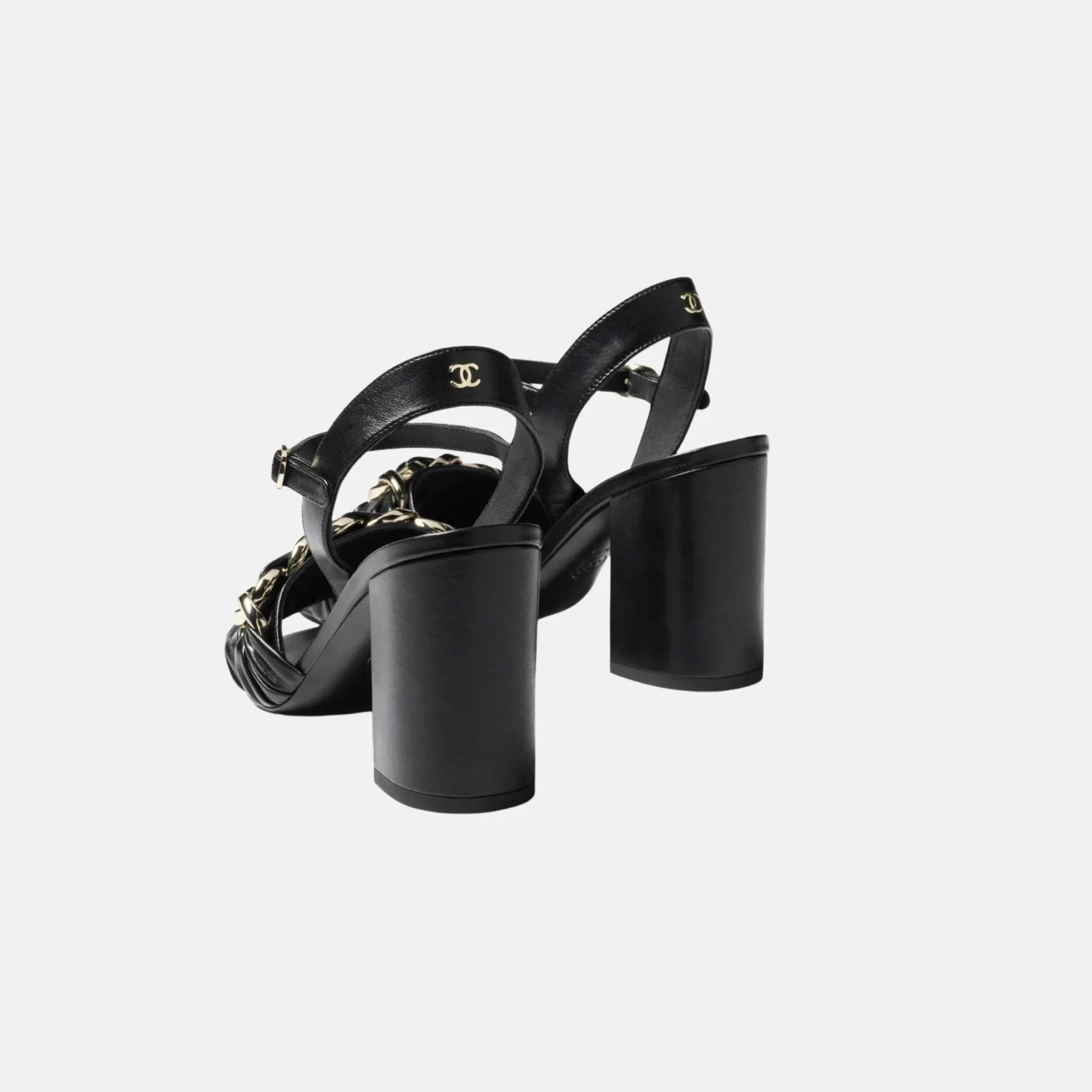 Chanel Heeled Sandals in Lambskin with Gold-Tone Chain, Black, Back