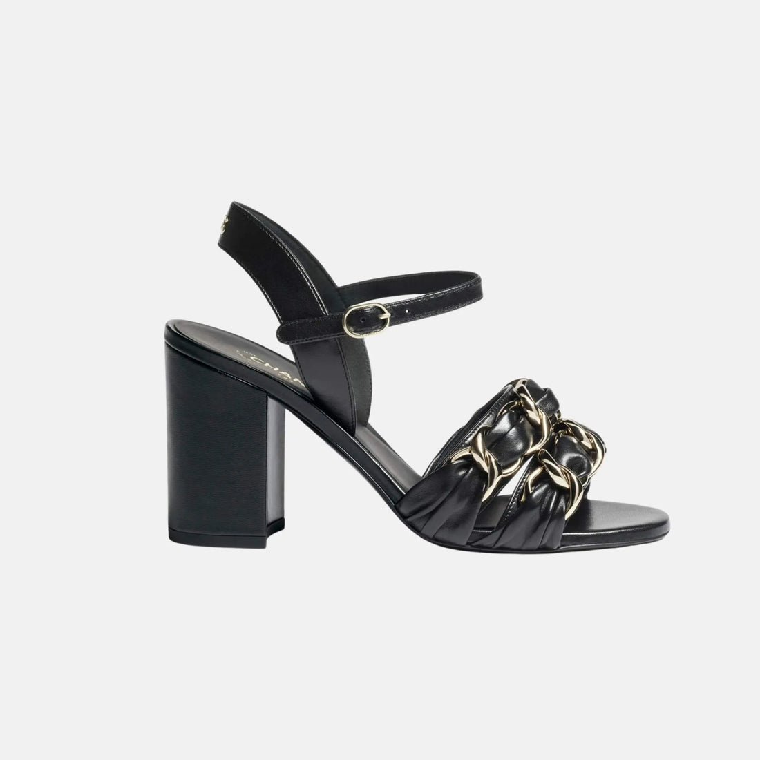 Chanel Heeled Sandals in Lambskin with Gold-Tone Chain, Black, Side