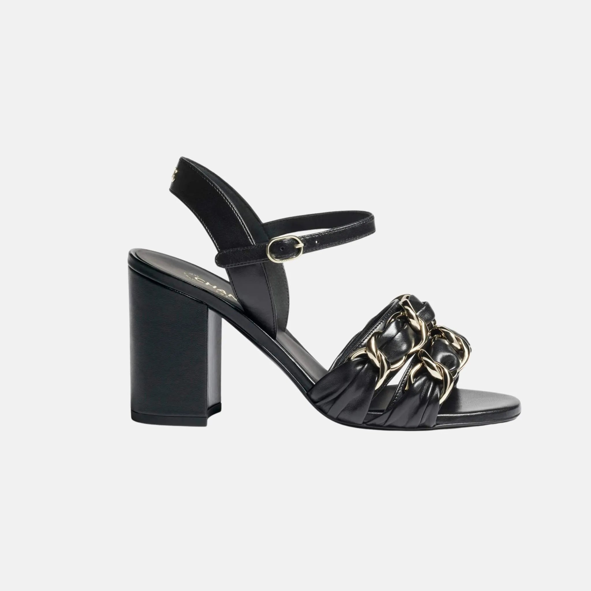 Chanel Heeled Sandals in Lambskin with Gold-Tone Chain, Black, Side