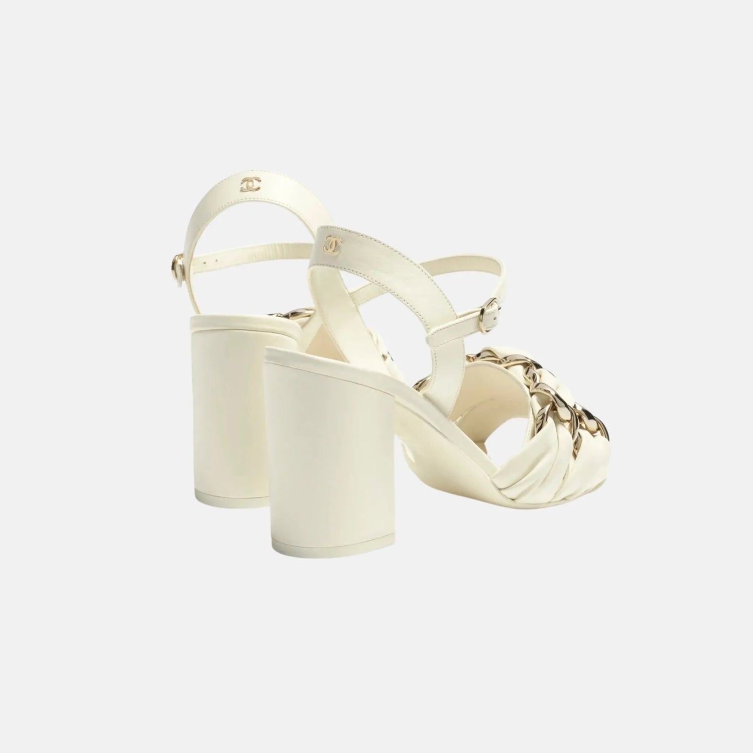Chanel Heeled Sandals in Lambskin with Gold-Tone Chain, Ivory, Back
