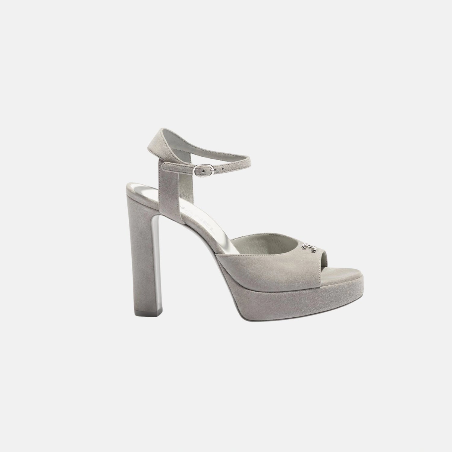 Chanel Heeled Sandals, Suede Kidskin, Grey, Side