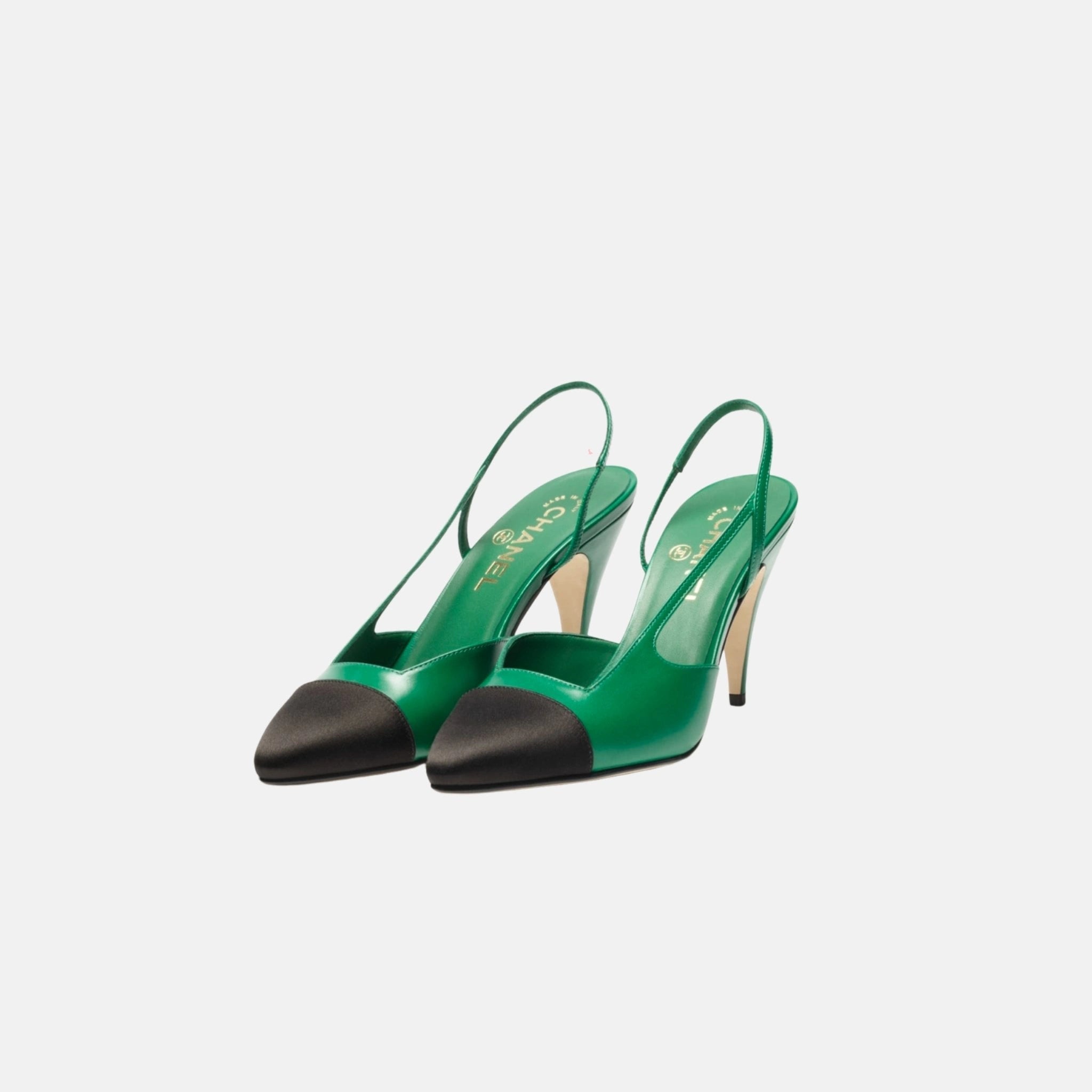 Chanel Heeled Slingbacks Goatskin Mixed Fibers, Green, Front