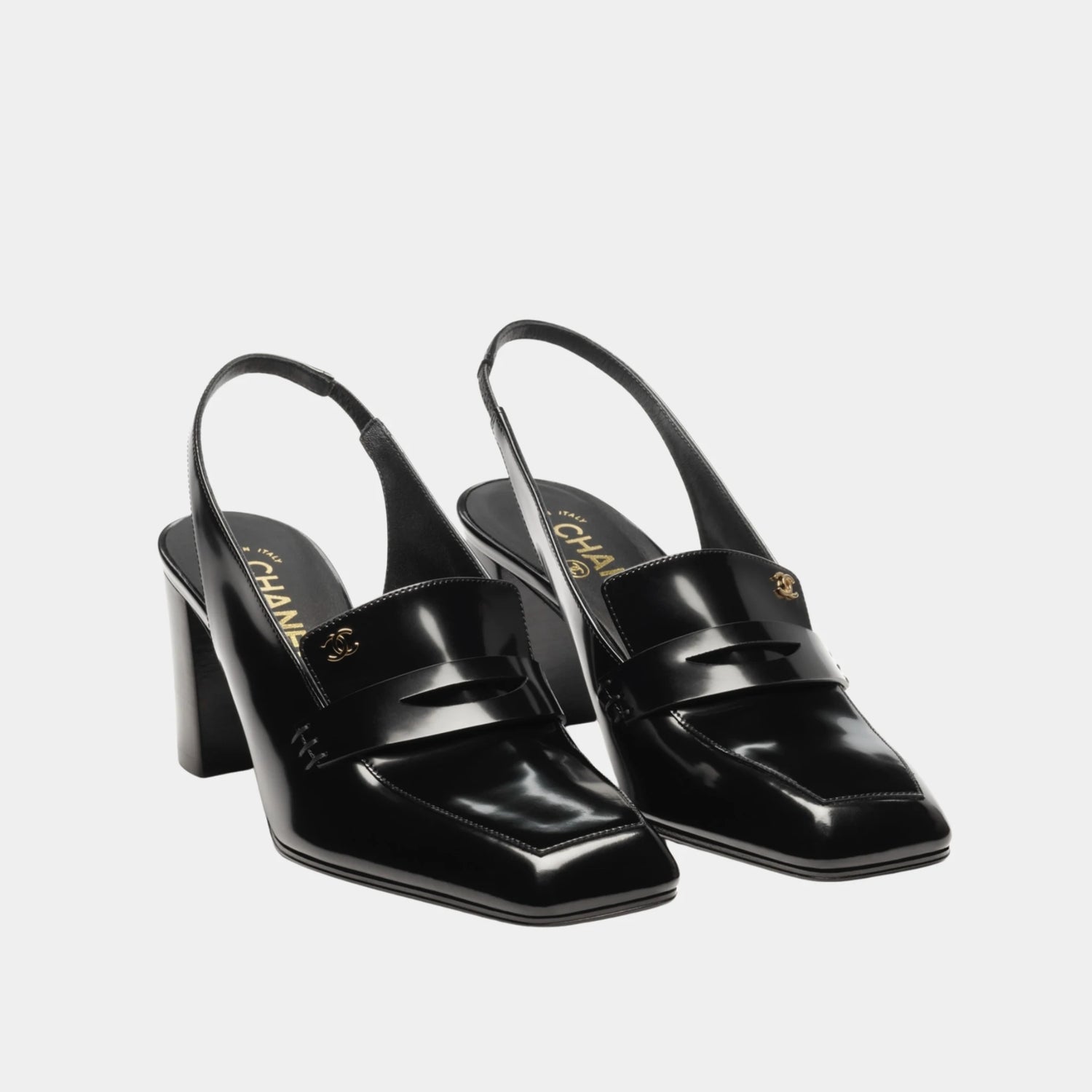 Chanel Heeled Slingbacks in Shiny Calfskin, Black, Front