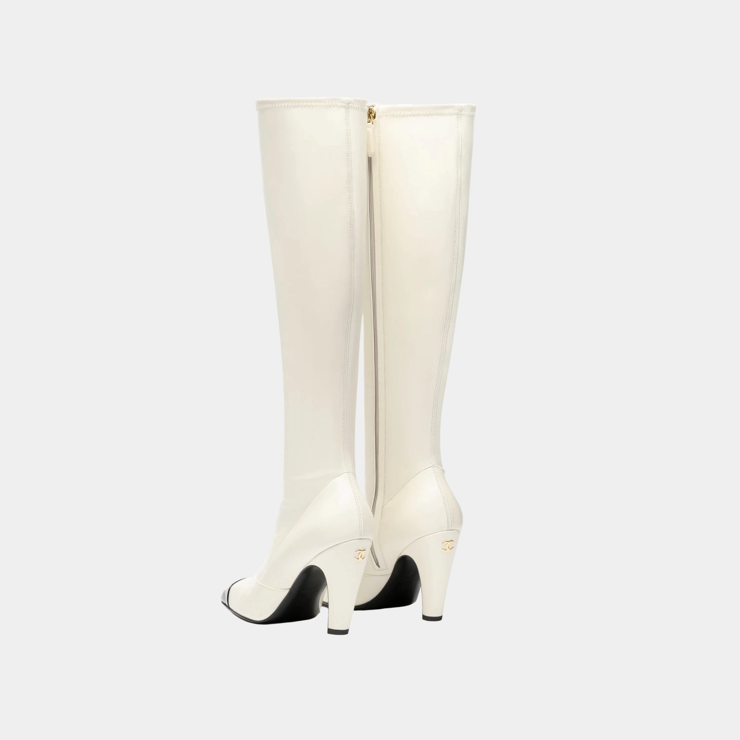 Chanel High Boots in Stretch Lambskin, Lambskin &amp; Patent Calfskin, Ivory Black, Back