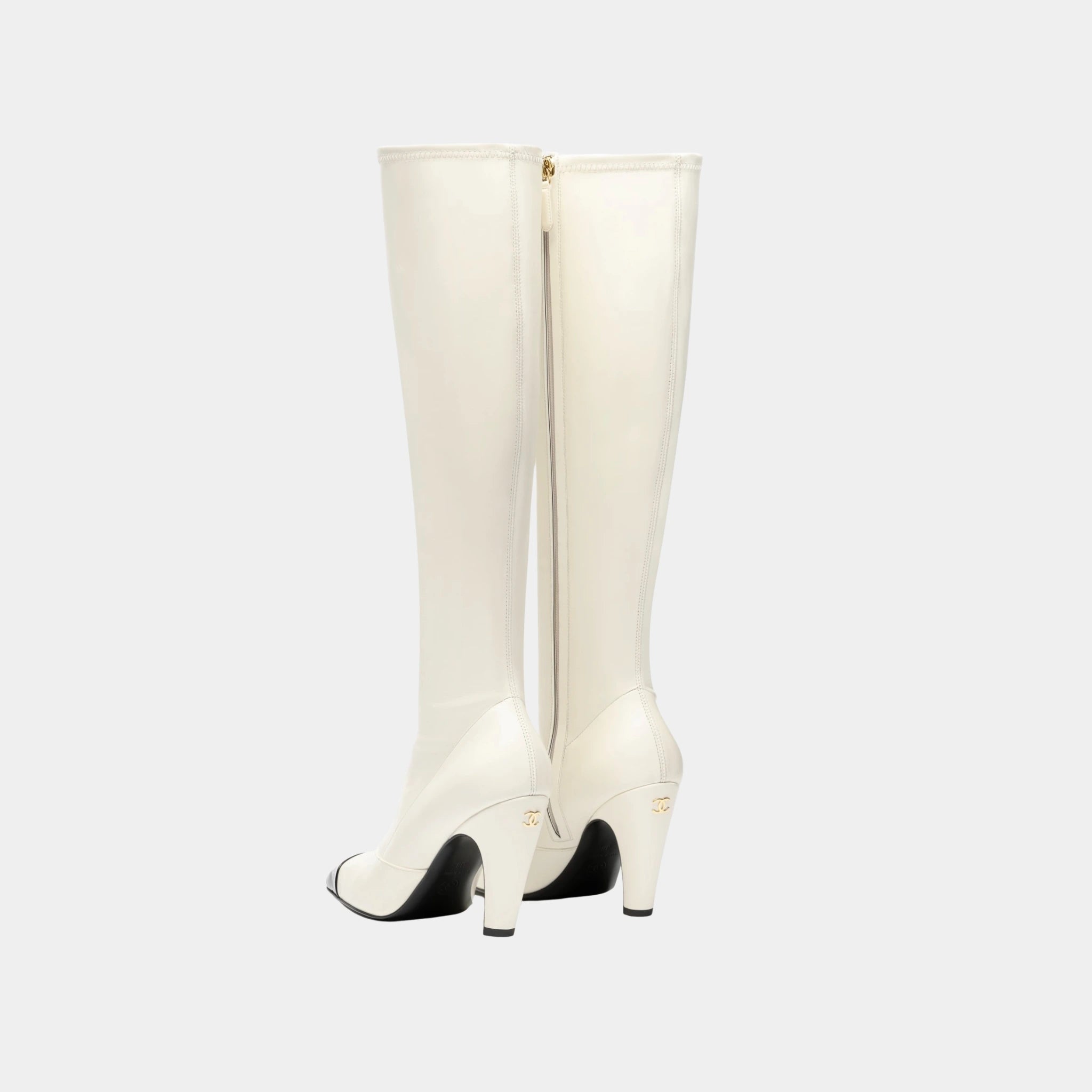 Chanel High Boots in Stretch Lambskin, Lambskin &amp; Patent Calfskin, Ivory Black, Back