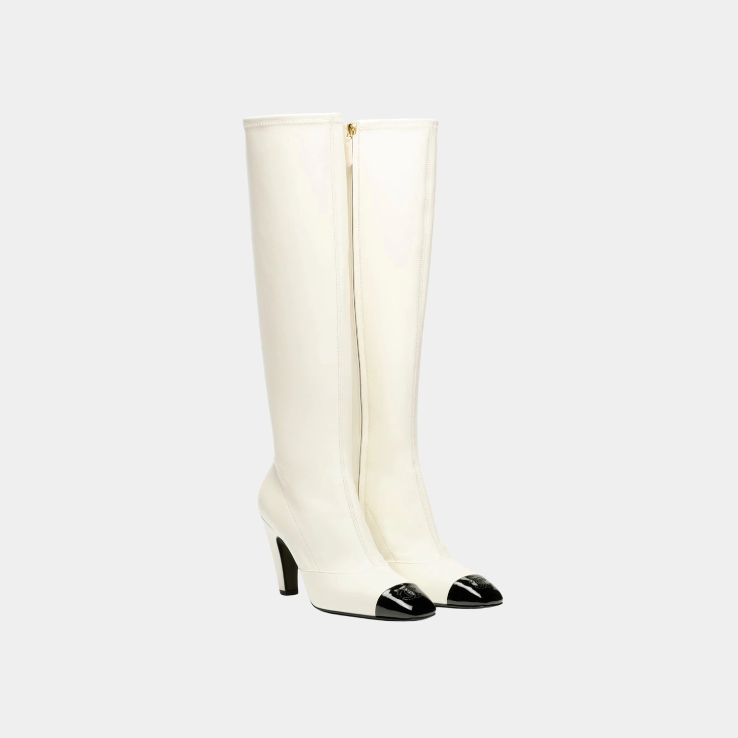 Chanel High Boots in Stretch Lambskin, Lambskin &amp; Patent Calfskin, Ivory Black, Front