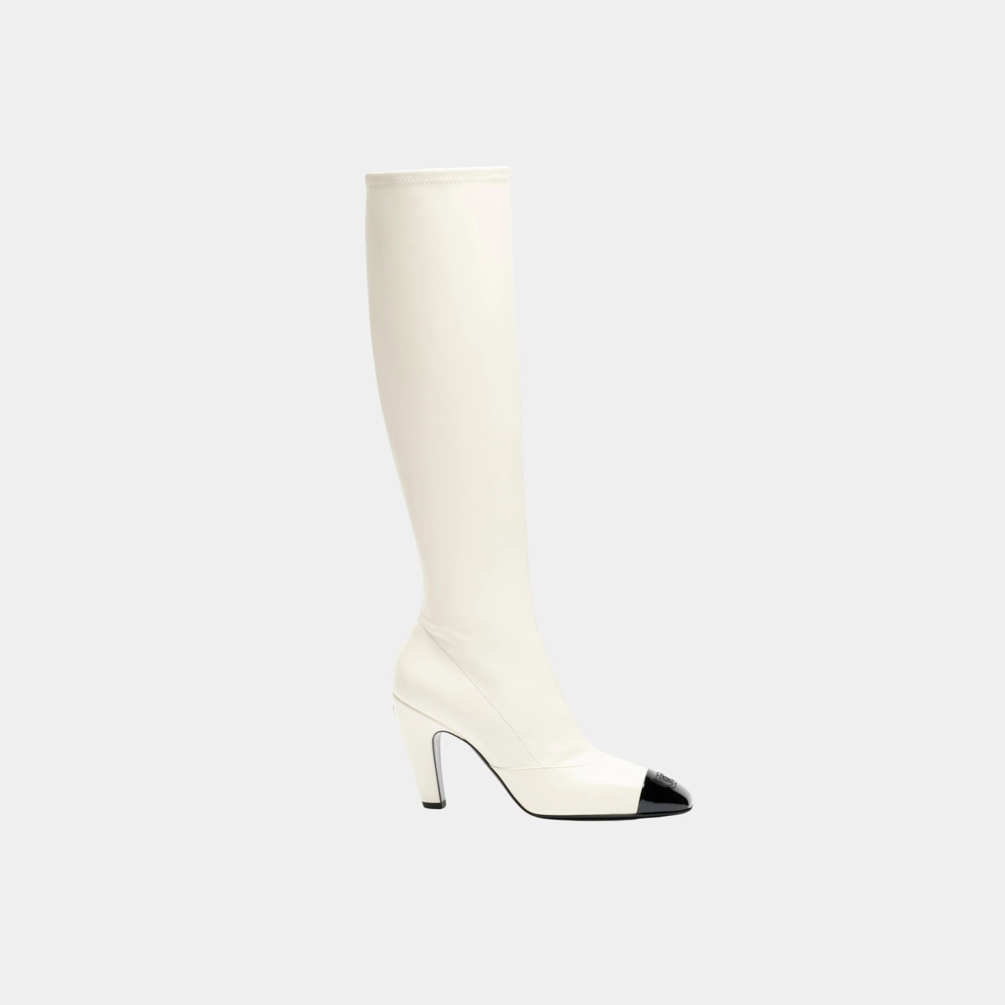 Chanel High Boots in Stretch Lambskin, Lambskin &amp; Patent Calfskin, Ivory Black, Side