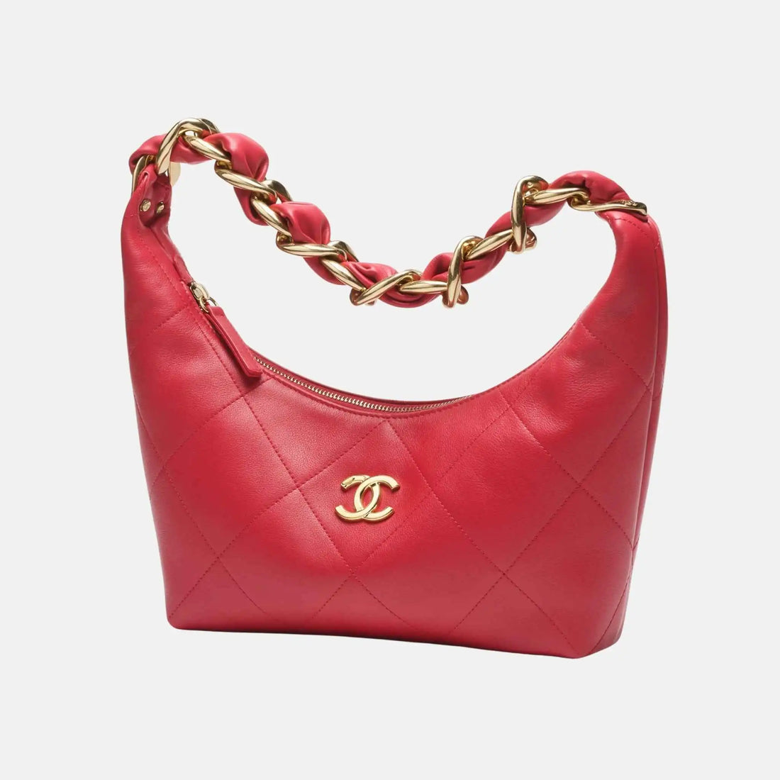 Chanel Hobo Handbag Shiny Calfskin Gold Tone Metal, Front