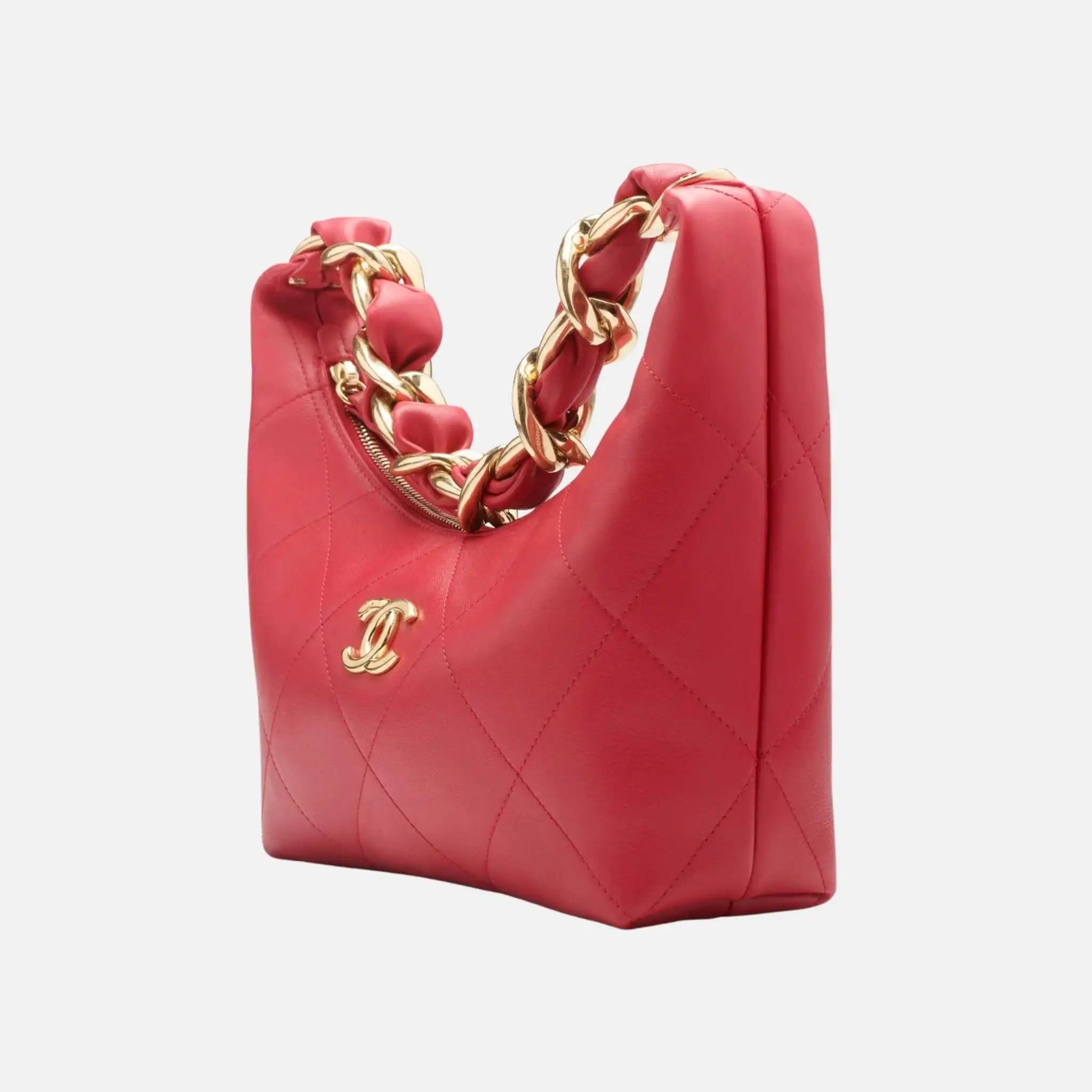 Chanel Hobo Handbag Shiny Calfskin Gold Tone Metal, Side