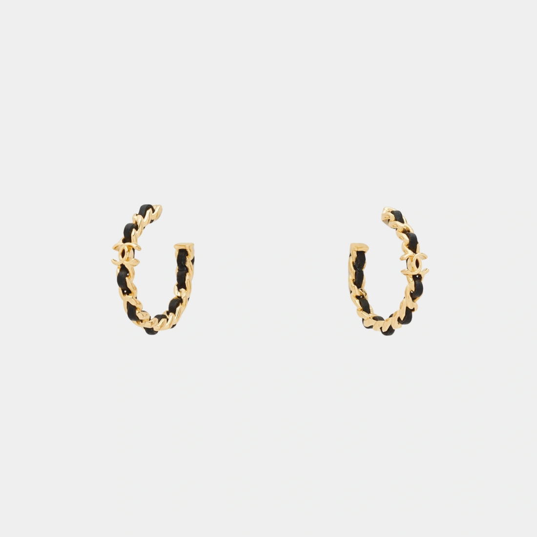 Chanel Hoop Earrings in Gold Metal with Black Lambskin, Front