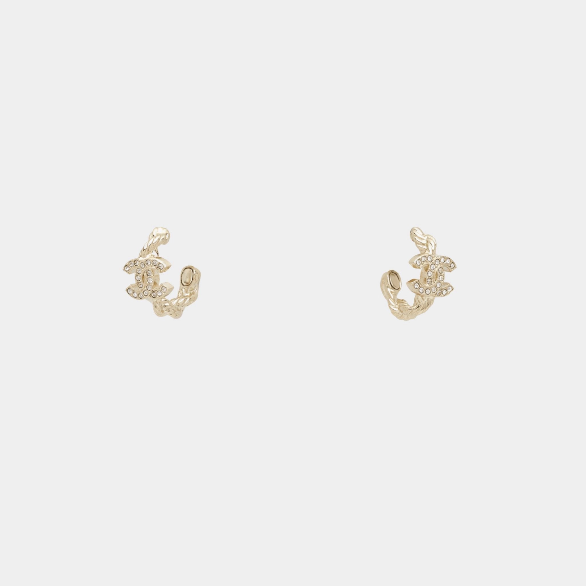 Chanel Hoop Rope Chain Earrings Metal &amp; Diamante Gold &amp; Crystal