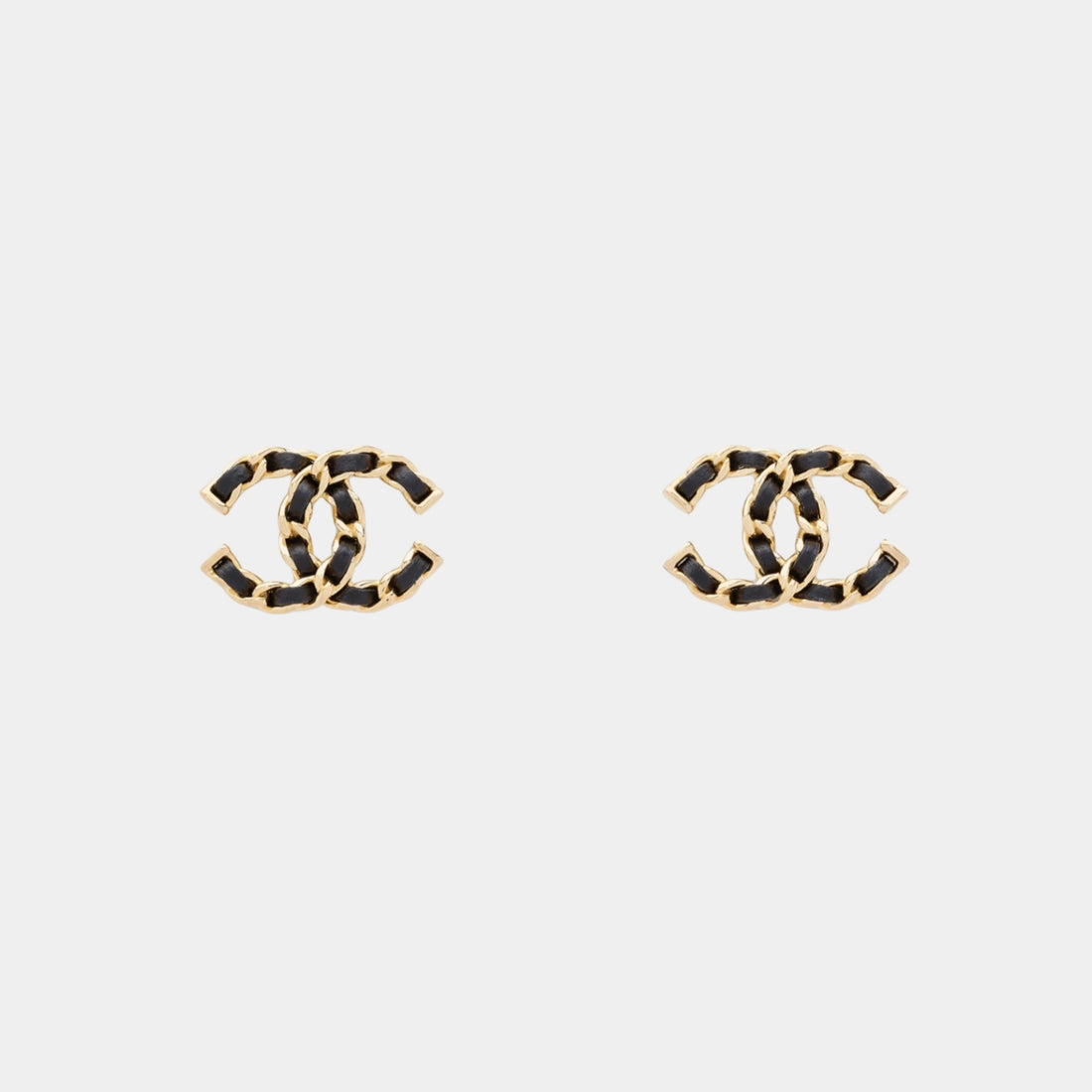 Chanel Iconic CC Stud Earrings in Gold with Black Lambskin, Front
