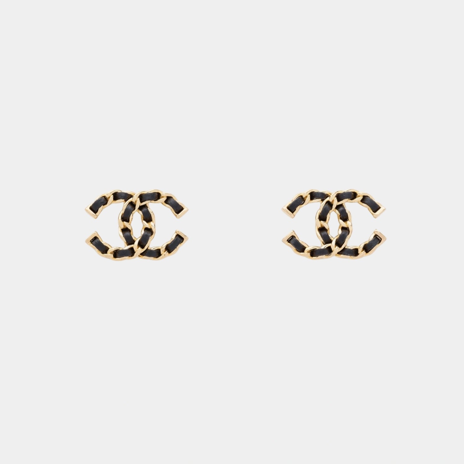 Chanel Iconic CC Stud Earrings in Gold with Black Lambskin, Front
