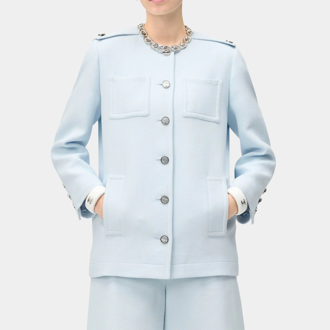 Chanel Jacket Cotton &amp; Mixed Fibres Baby Blue, Front