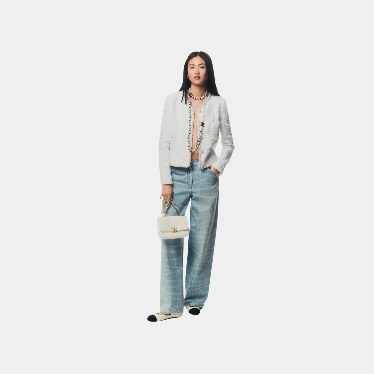 Jacket Cotton Tweed Imitation Pearls White