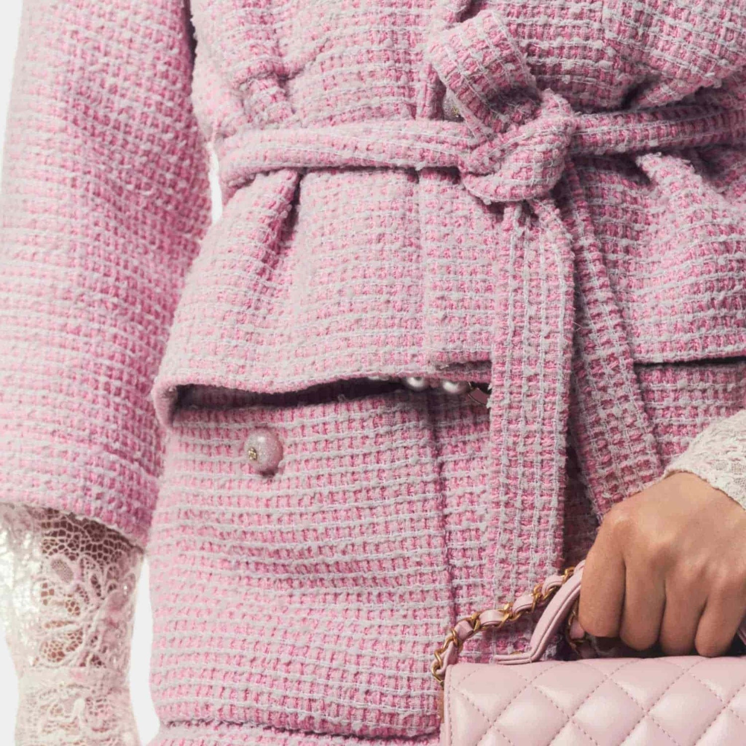 Chanel Jacket Cotton Tweed Light Pink &amp; Grey, Closeup