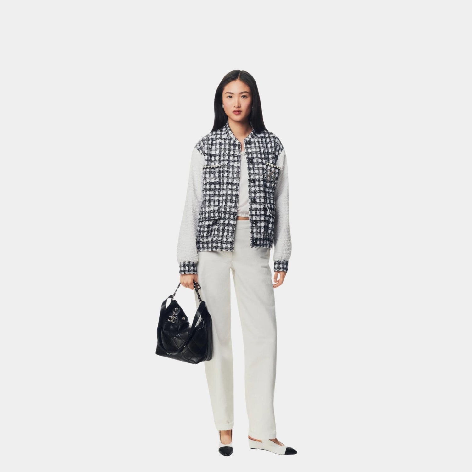 Chanel Jacket Cotton Tweed And Imitation Pearls White And Black, ModelView