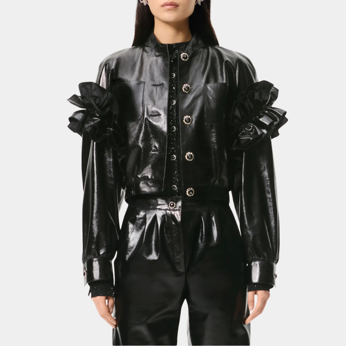 Chanel Jacket in Embroidered Lambskin, Black, Front