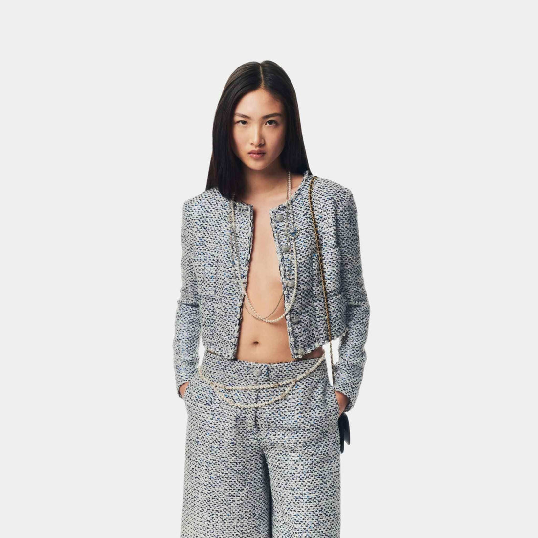Chanel Jacket Glittered Tweed & Imitation Pearls White Blue & Black, Half