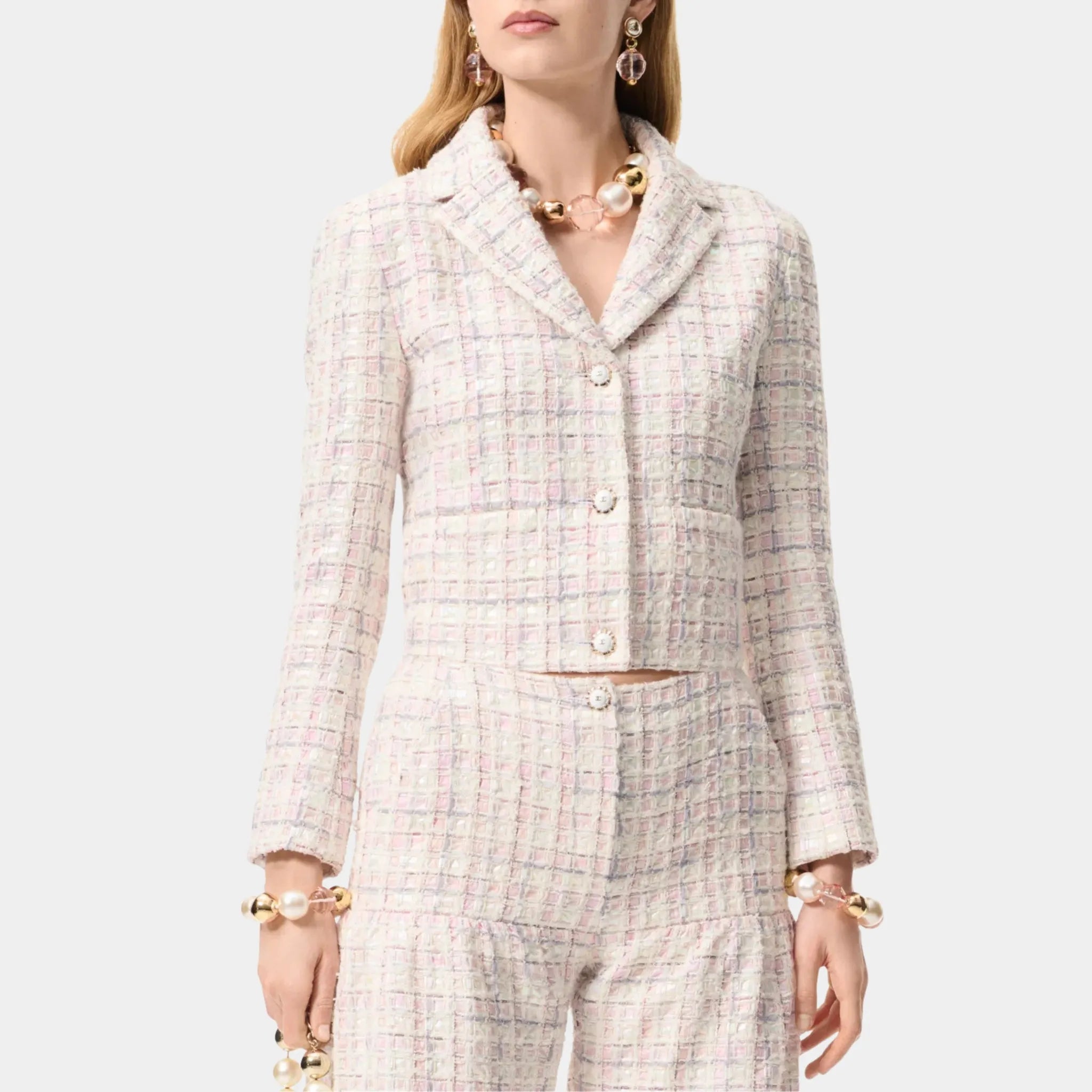 Chanel Jacket in Cotton Tweed, Ecru, Pink, Gray, Front