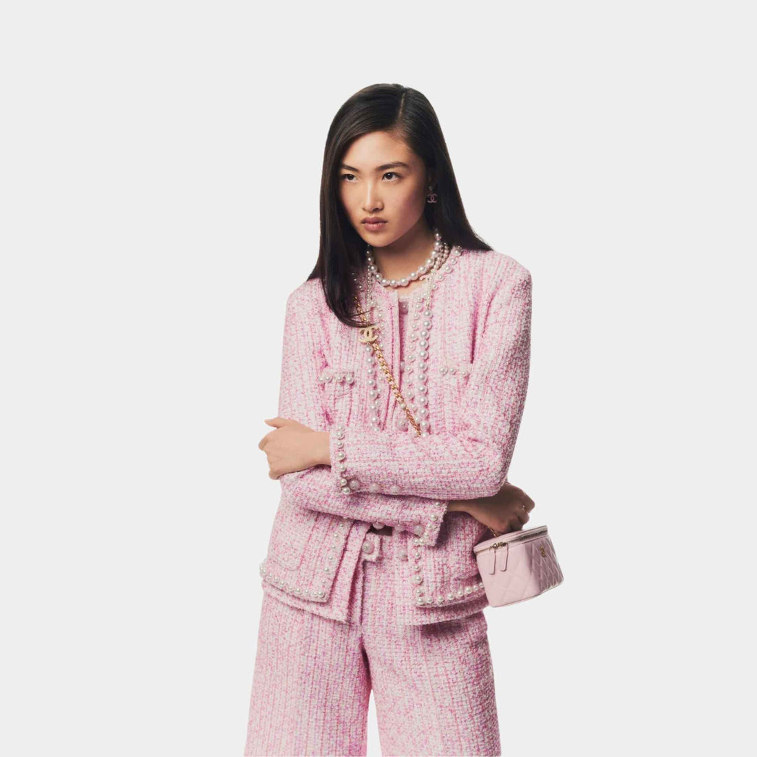 Chanel Jacket Iridescent Cotton Wool Tweed Pearls Pink & Ecru, Model, Half