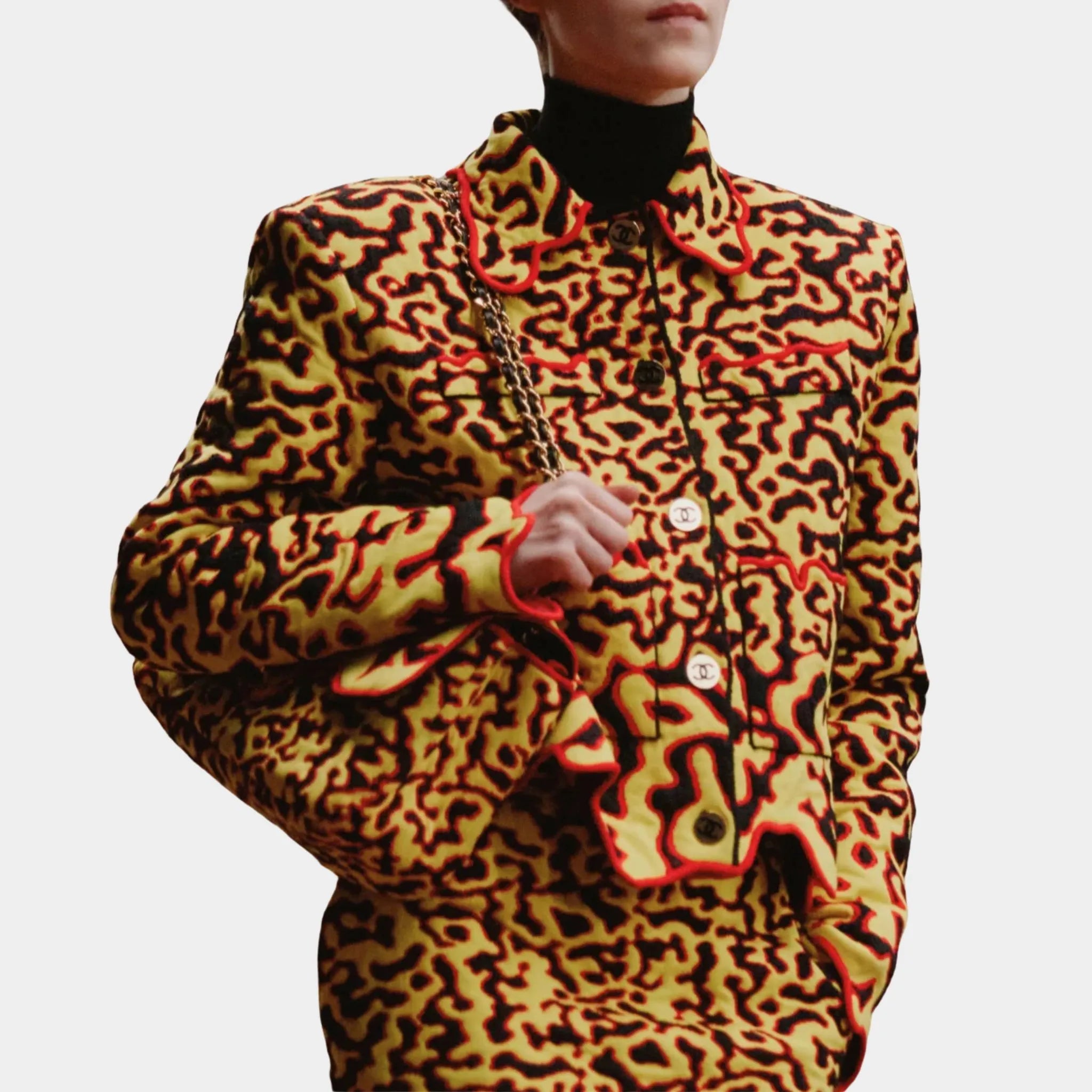 Chanel Jacket Mixed Fibers Yellow Black &amp; Red, Front 