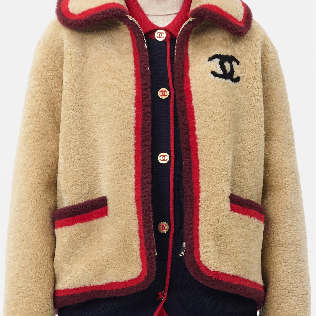 Chanel Jacket Shearling Lambskin in Beige, Coco Neige 2026, worn front view