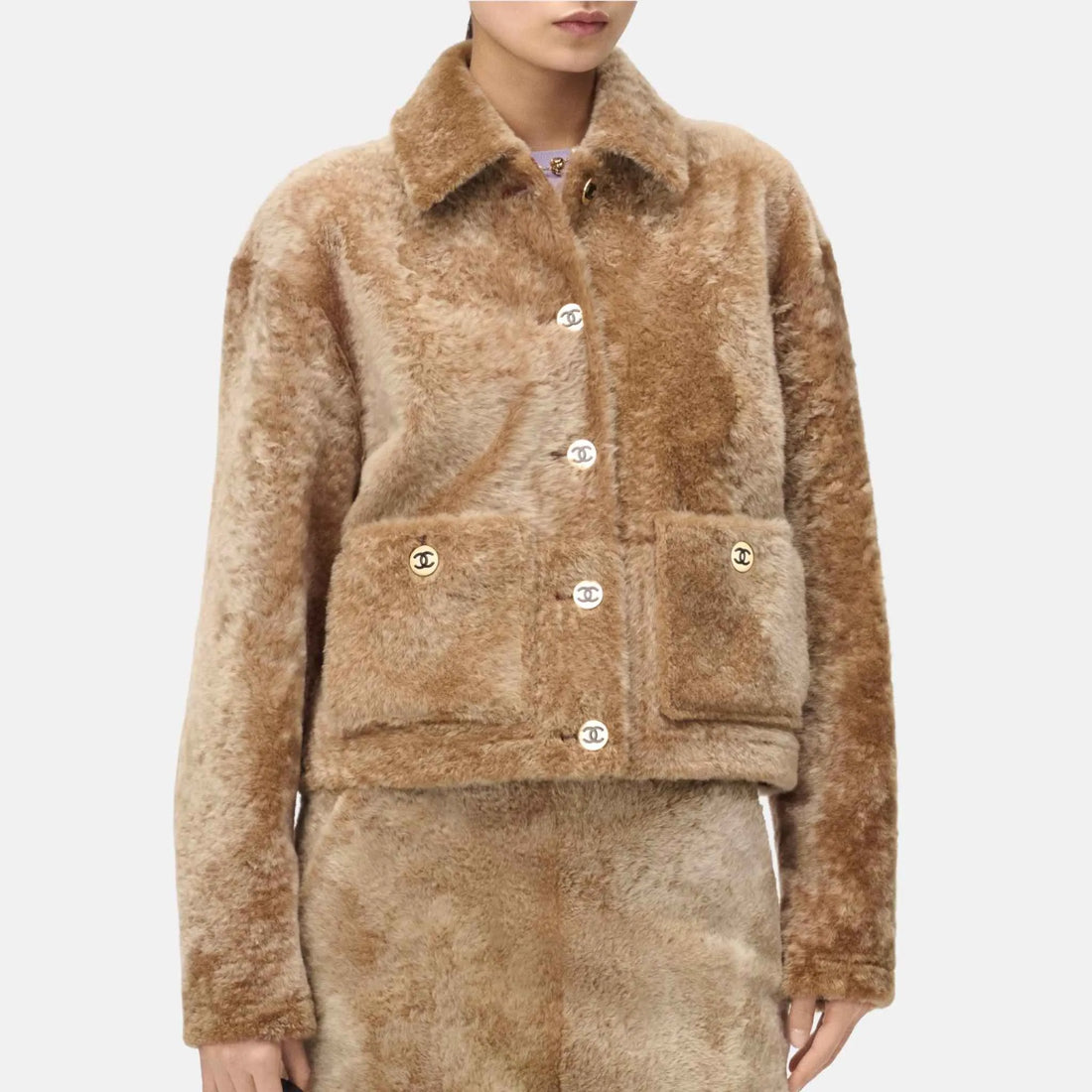 Chanel Jacket in Shearling Lambskin, Beige, Front