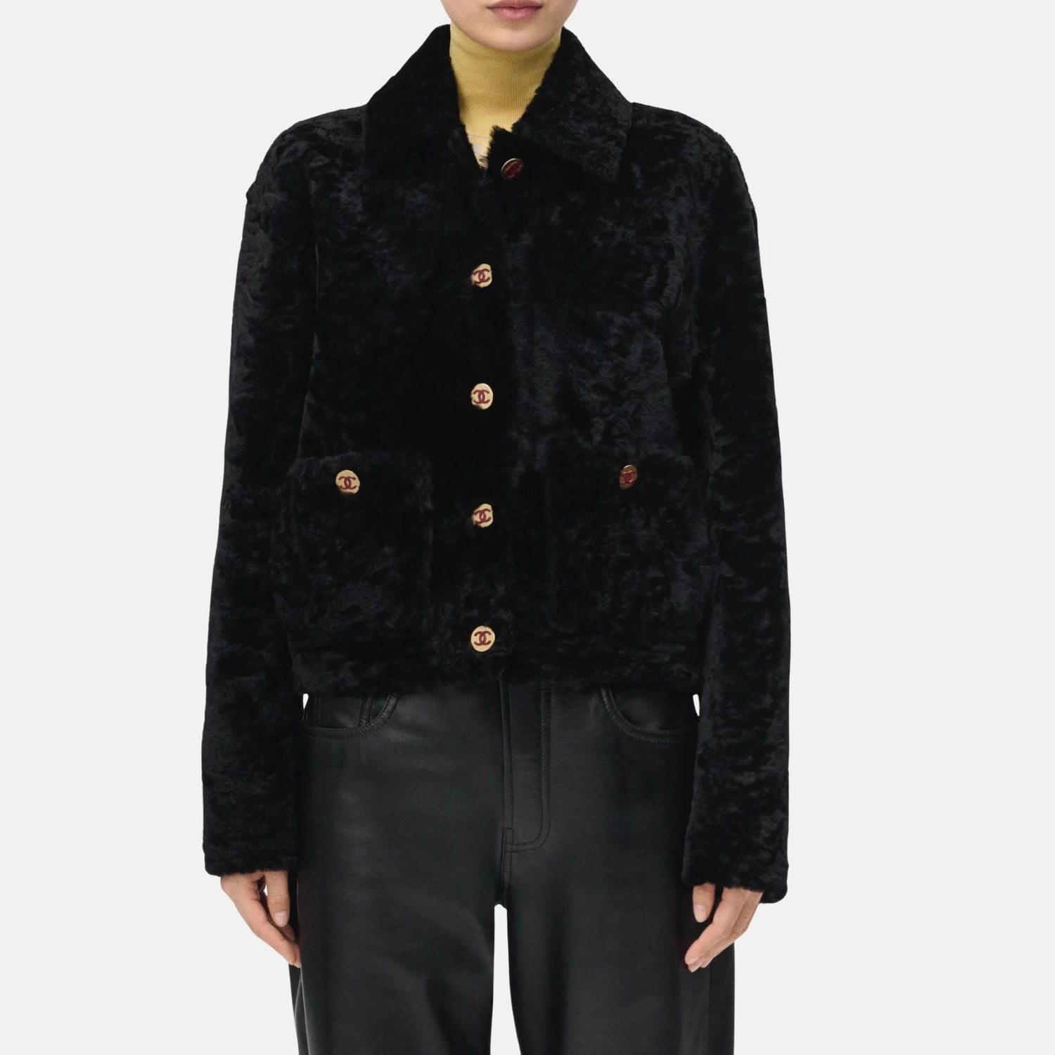 Chanel Jacket in Shearling Lambskin, Black, Front