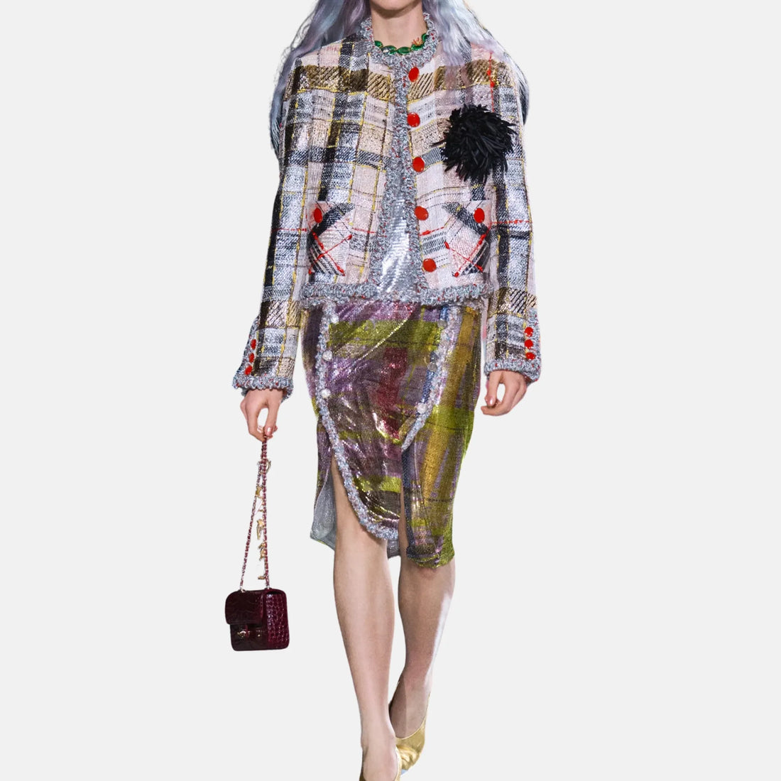 Chanel Jacket Tweed in Silver Gold and Red